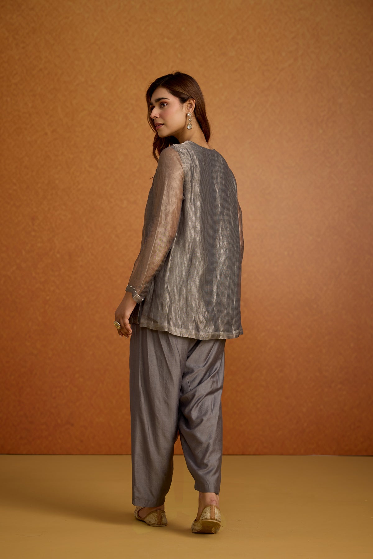 Metallic Silver Grey Shimmer Tissue Silk Co-Ord Set