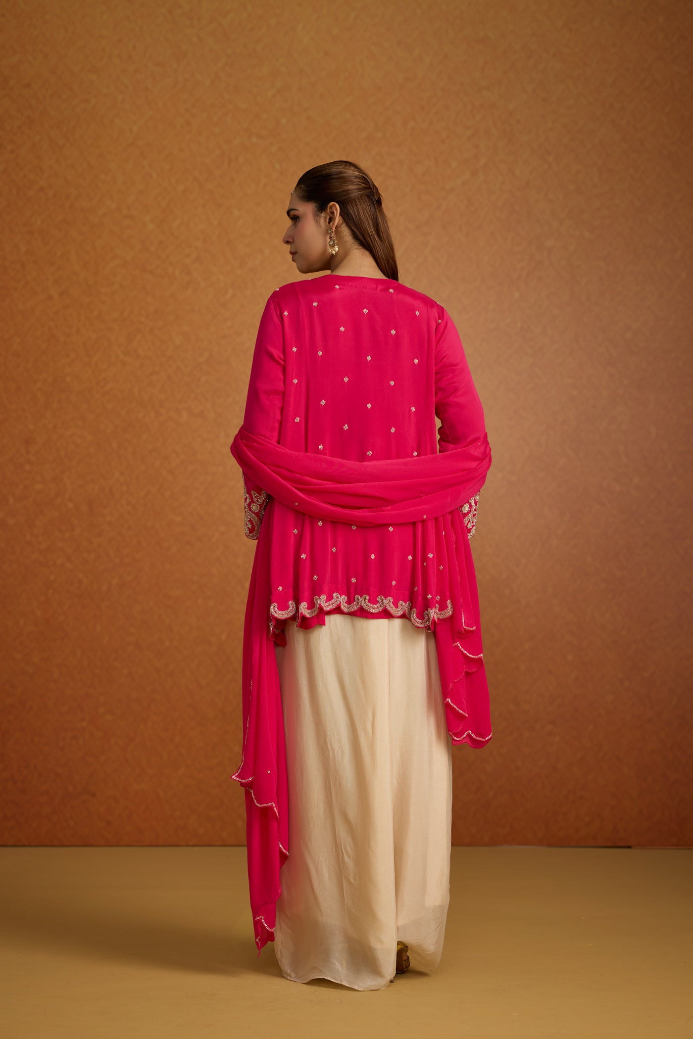 Fuchsia Pink Embellished Crepe Silk Skirt Set