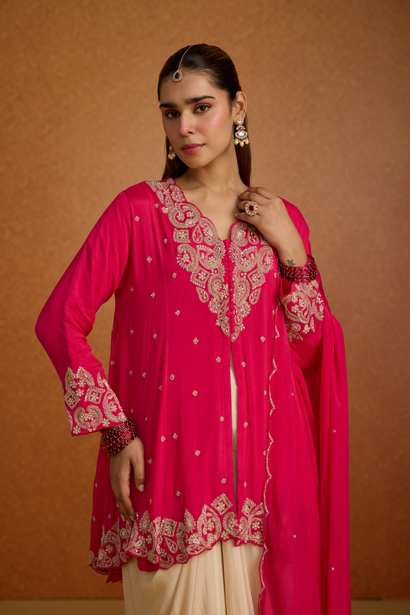 Fuchsia Pink Embellished Crepe Silk Skirt Set