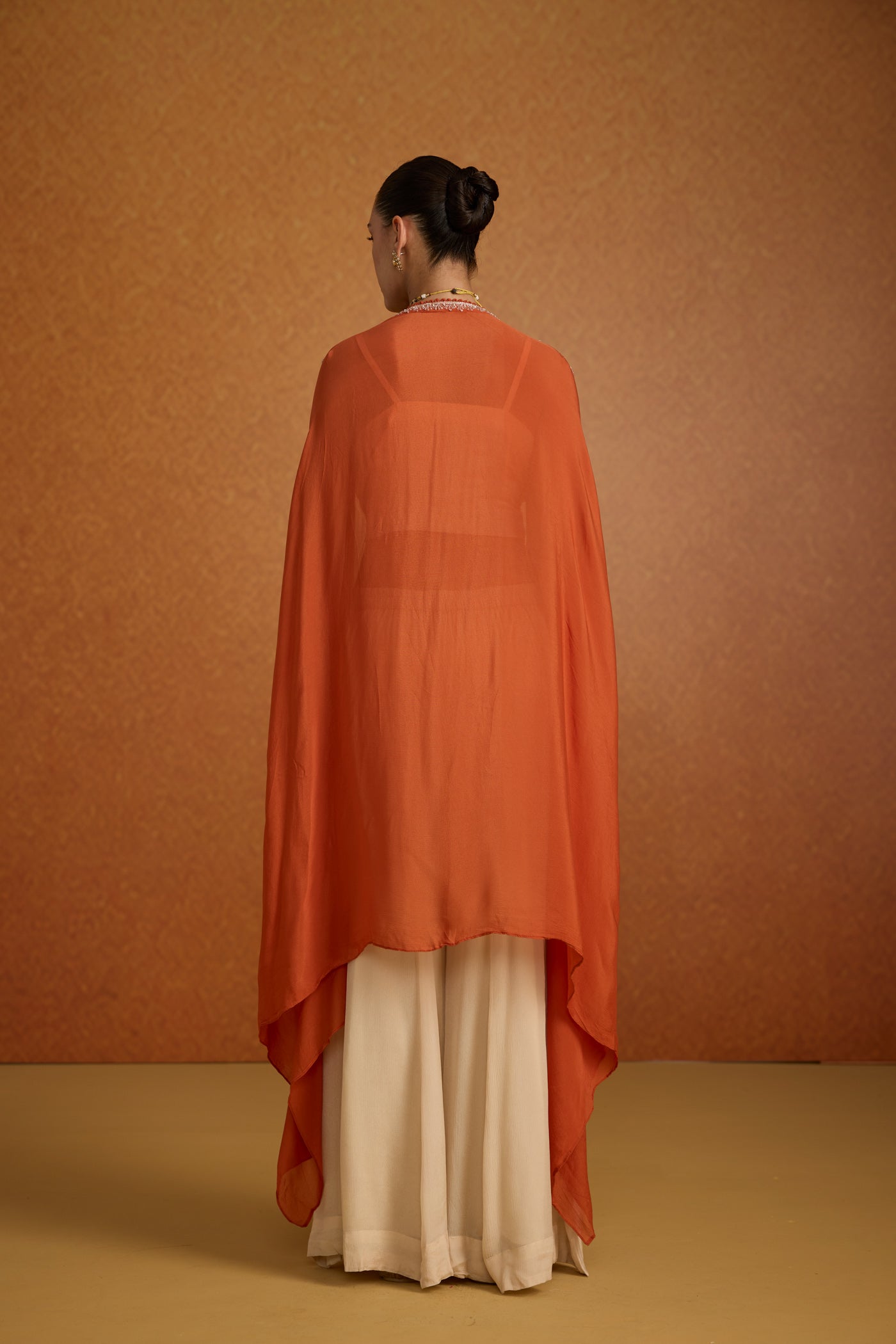 Burnt Orange Embellished Crepe Silk Kaftan Set