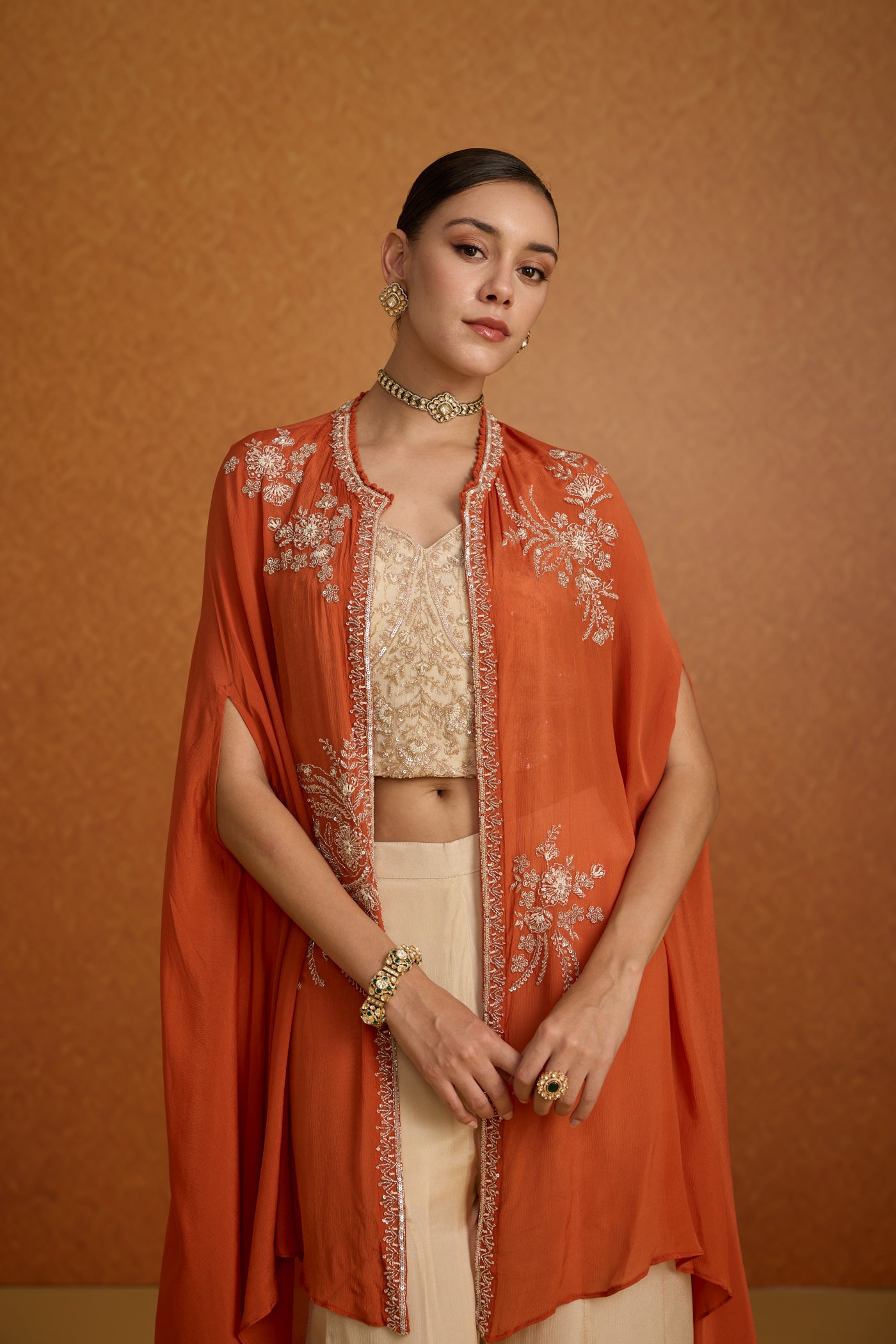 Burnt Orange Embellished Crepe Silk Kaftan Set