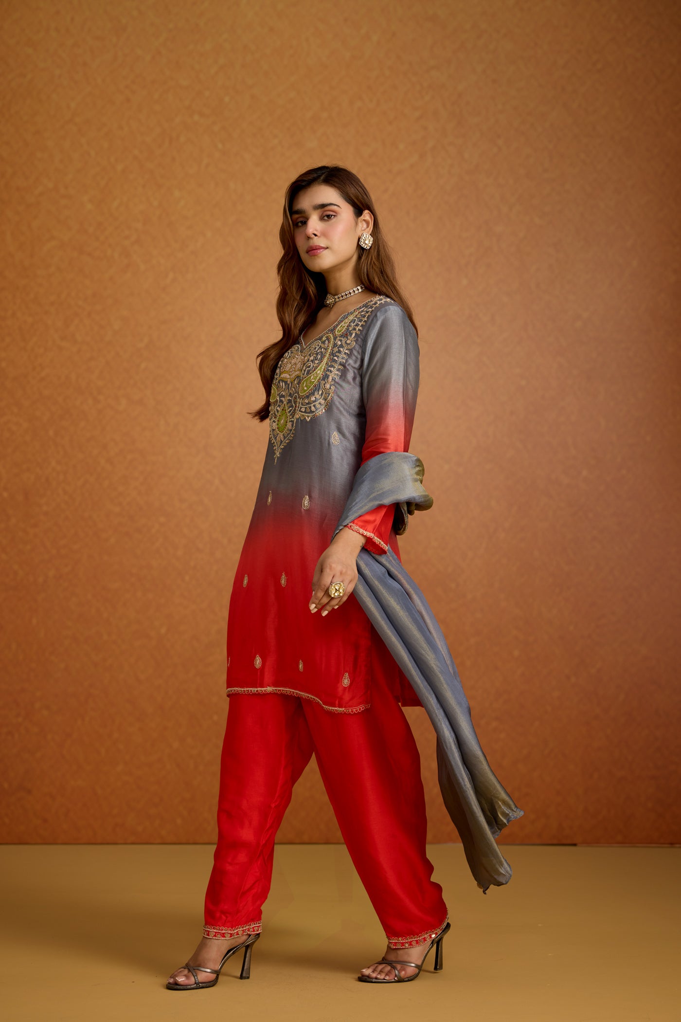 Royal Red & Grey Ombre Embellished Crepe Silk Pant Set