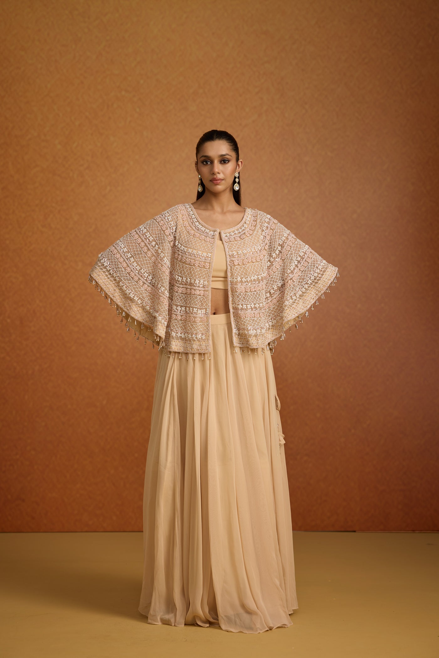 Pastel Beige Embellished Georgette Silk Skirt Set