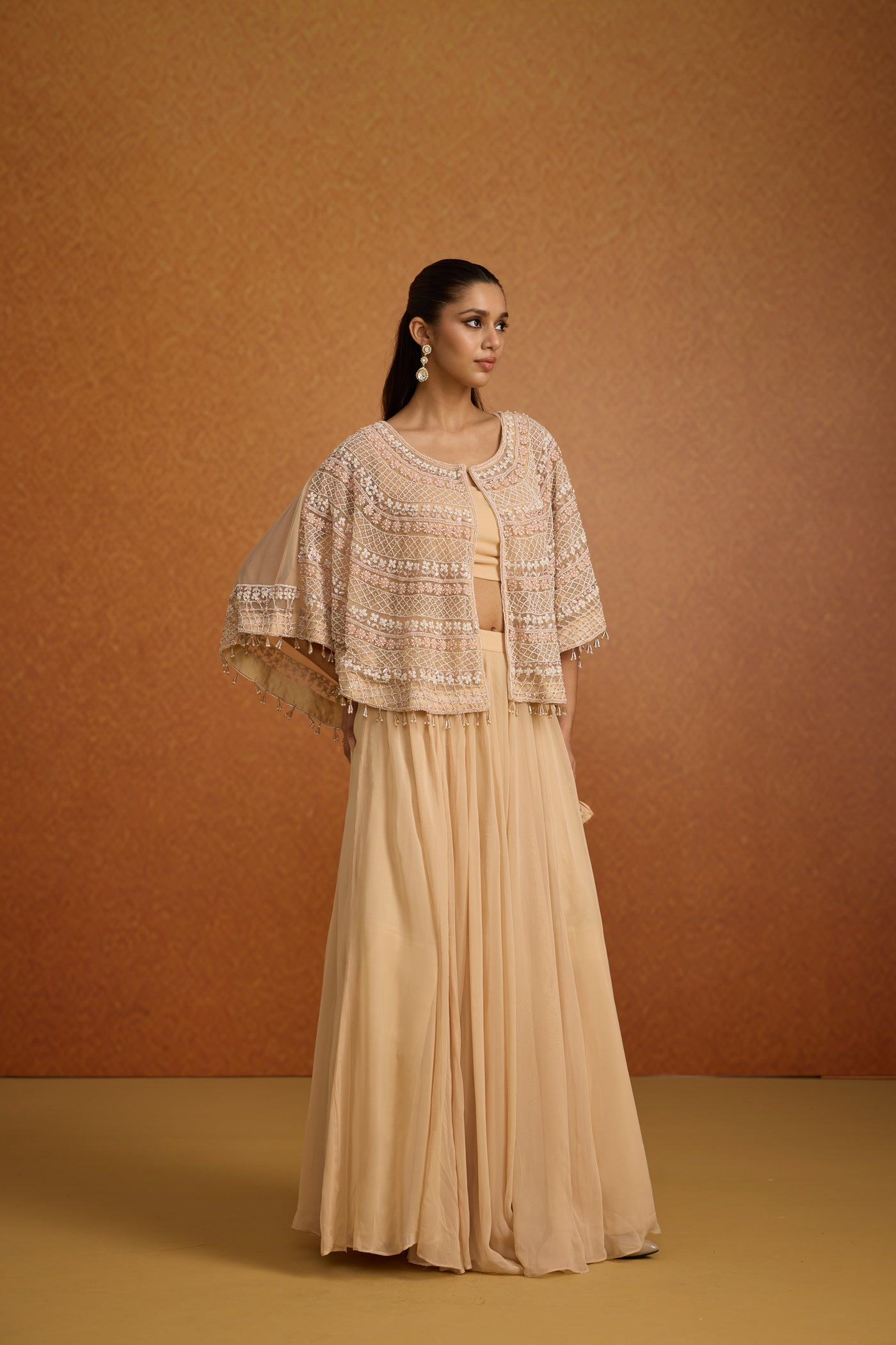 Pastel Beige Embellished Georgette Silk Skirt Set