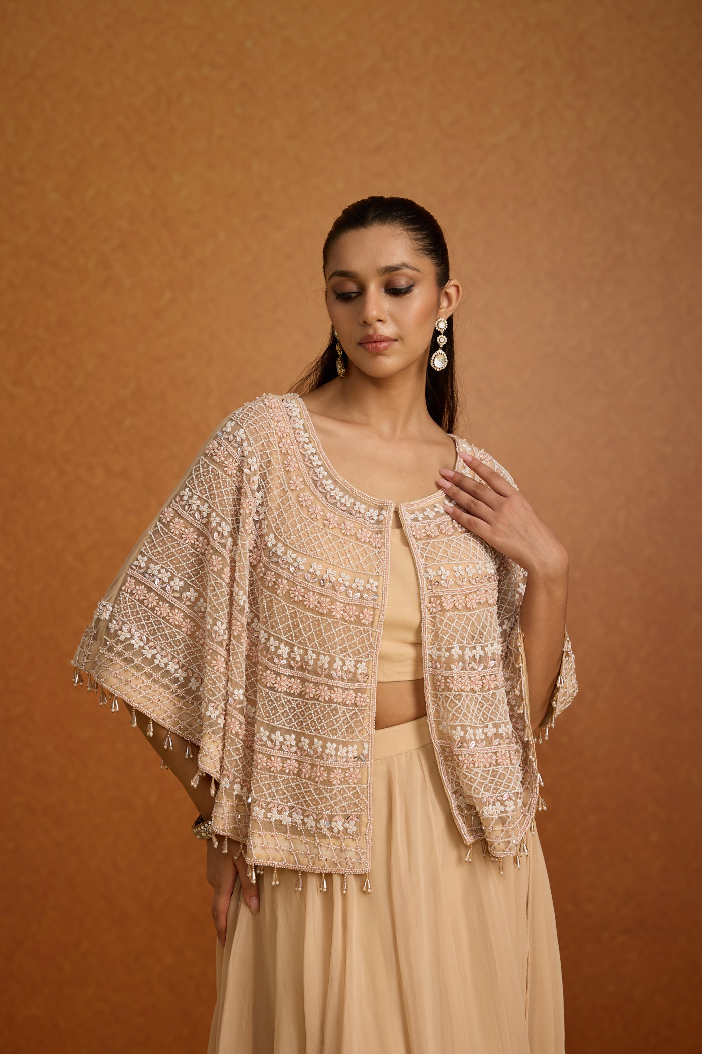 Pastel Beige Embellished Georgette Silk Skirt Set