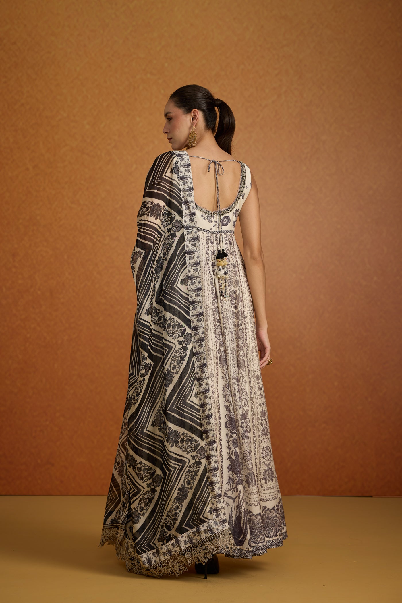 Antique Ivory Printed Crepe Silk Anarkali Set