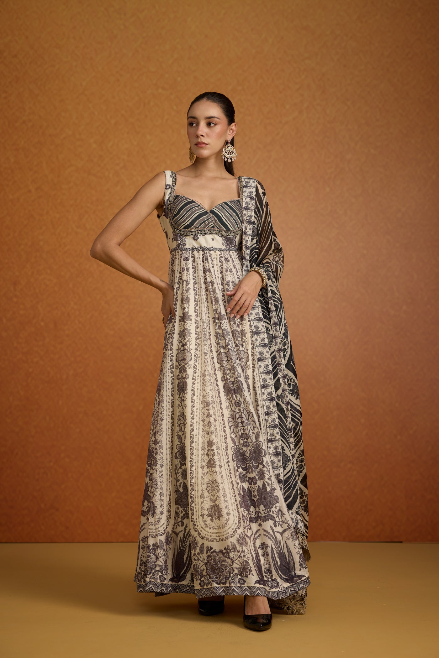 Antique Ivory Printed Crepe Silk Anarkali Set