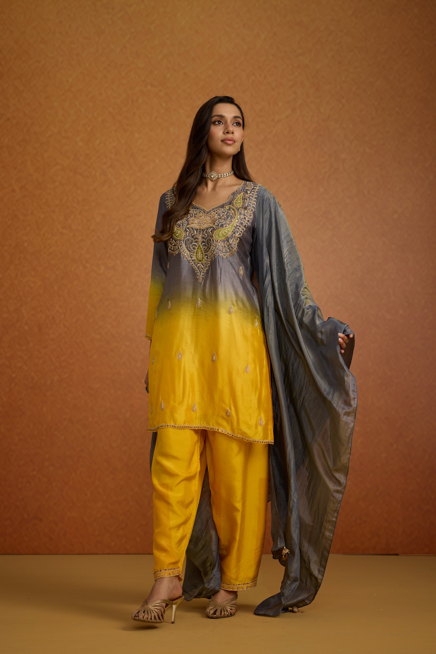 Mustard Yellow & Grey Ombre Embellished Crepe Silk Pant Set