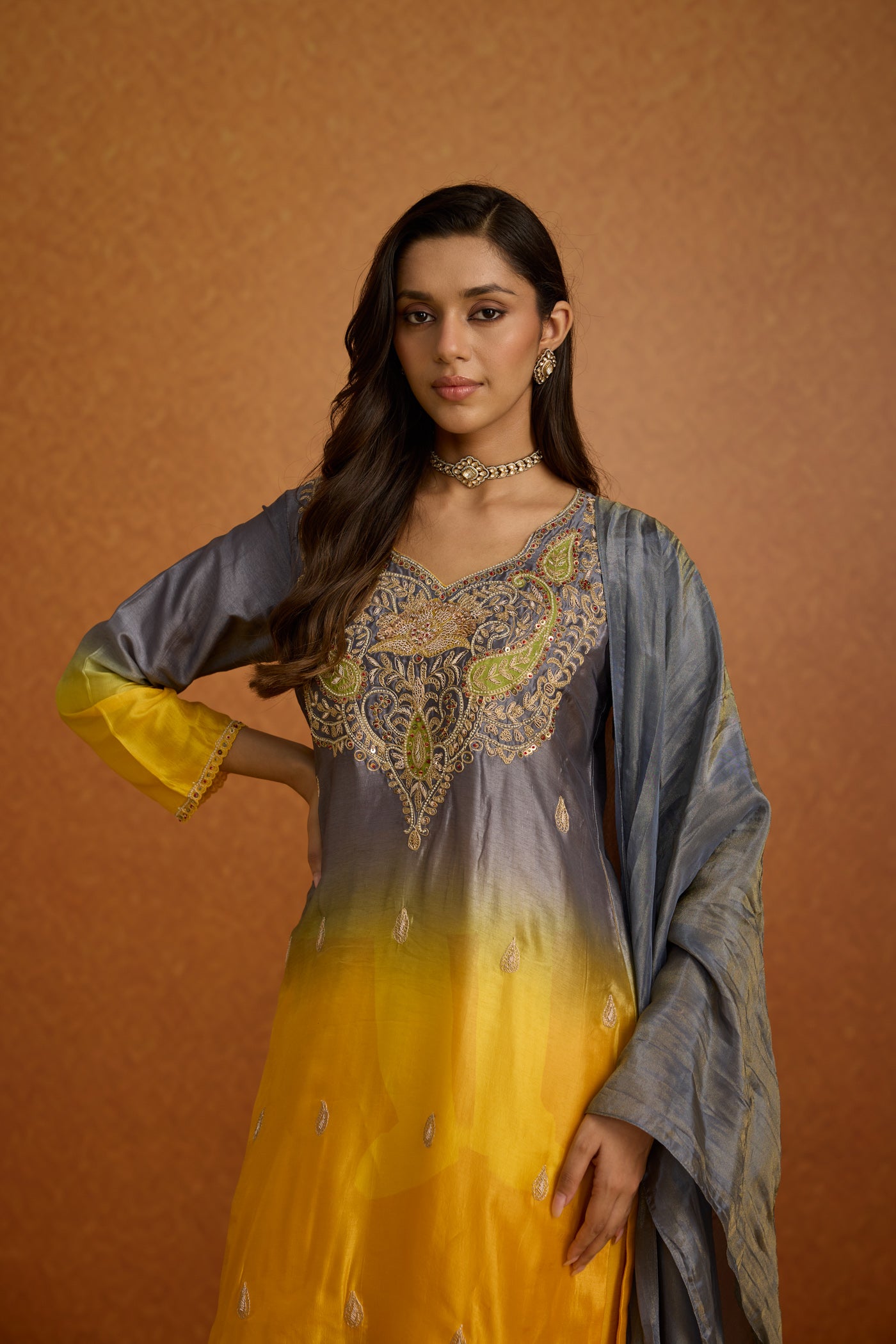 Mustard Yellow & Grey Ombre Embellished Crepe Silk Pant Set