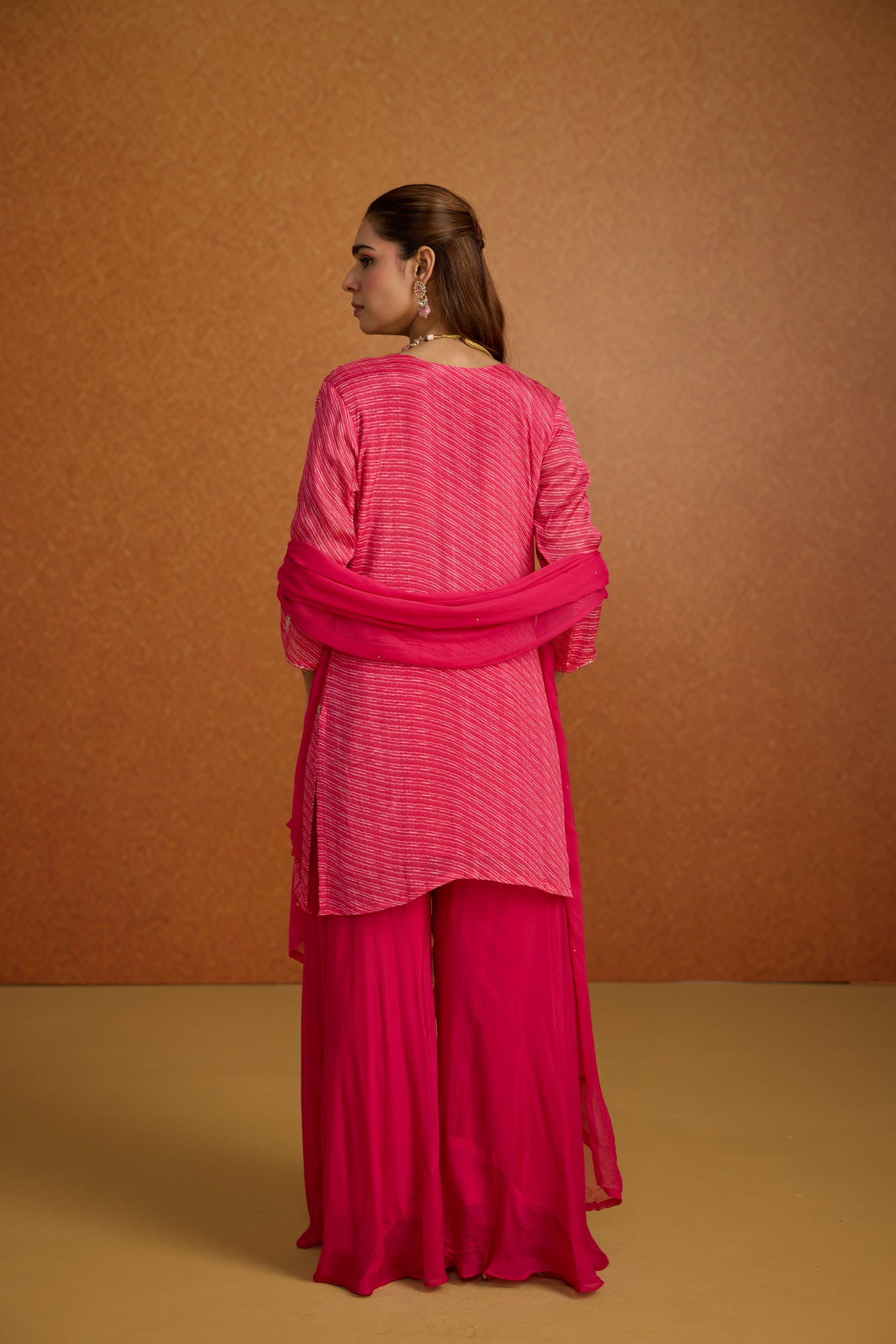 Rani Pink Embellished Lehriya Crepe Silk Palazzo Set