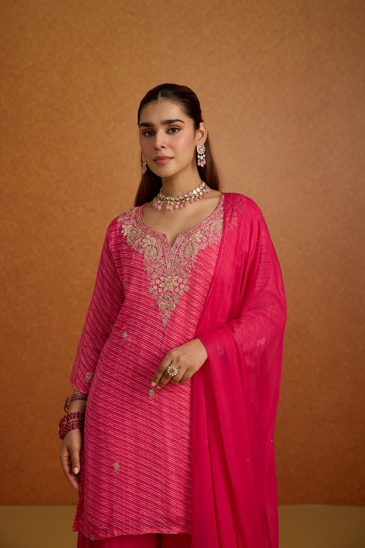 Rani Pink Embellished Lehriya Crepe Silk Palazzo Set