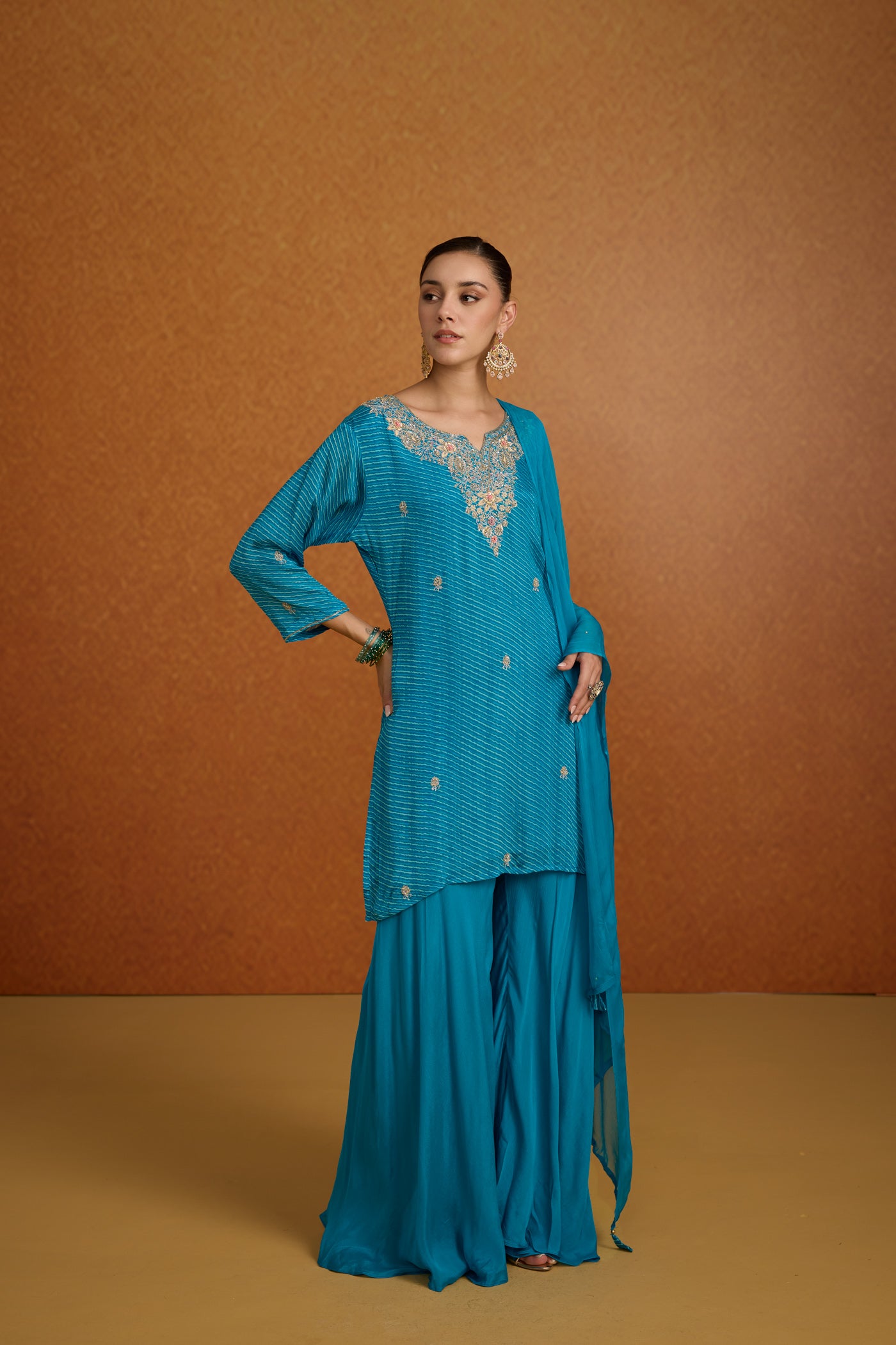 Turquoise Teal Embellished Crepe Silk Palazzo Set