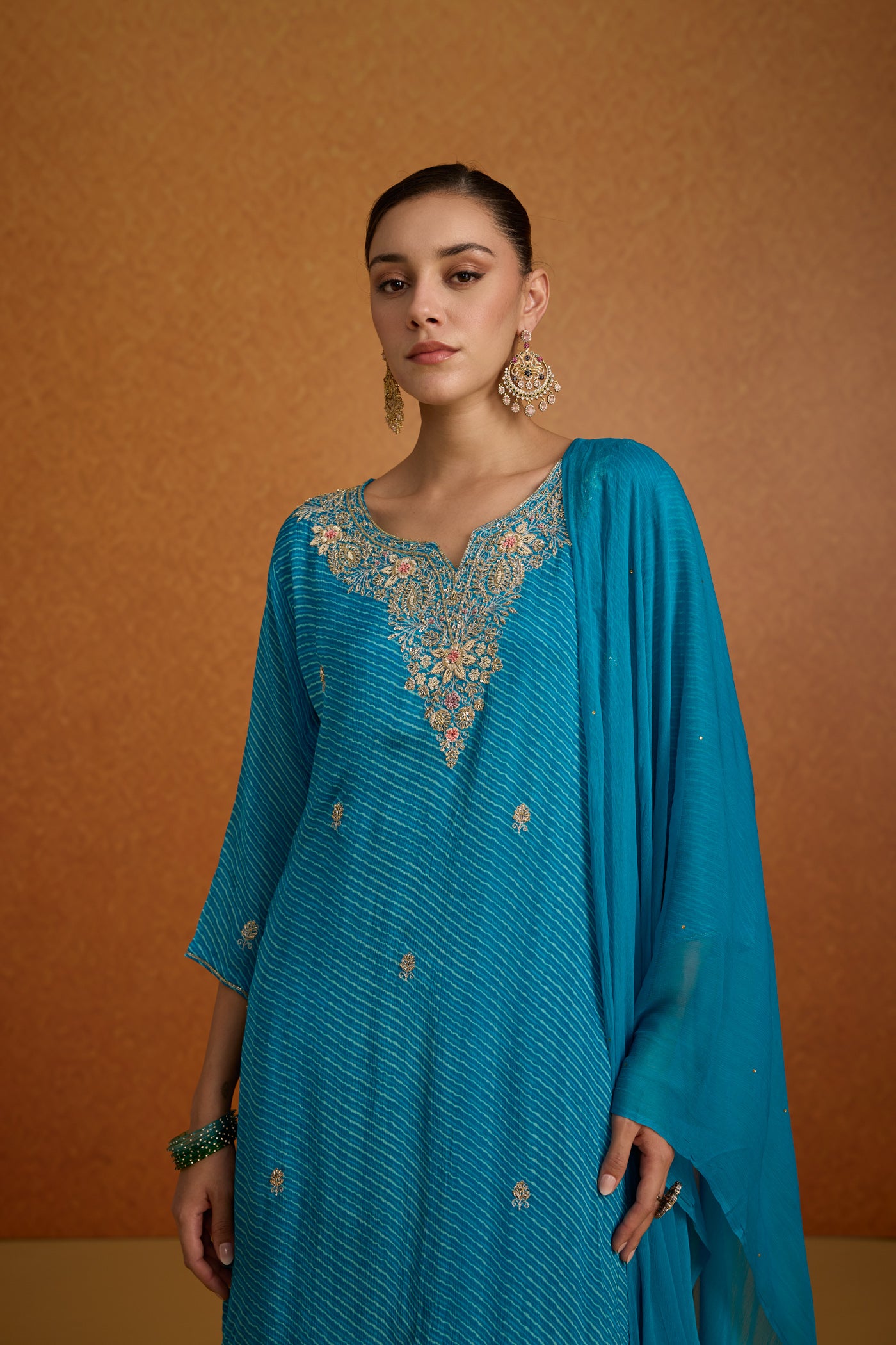 Turquoise Teal Embellished Crepe Silk Palazzo Set