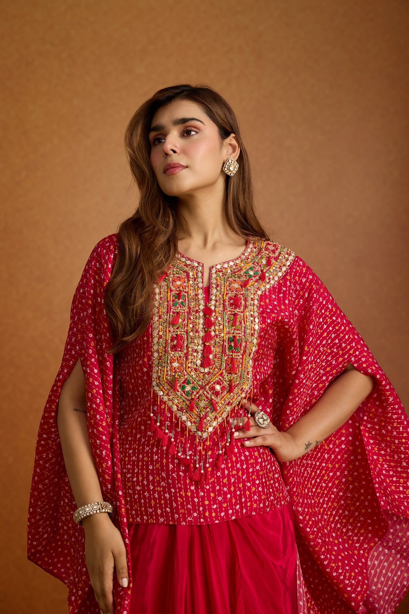 Regal Pink Embellished Crepe Silk Kaftan Skirt Set