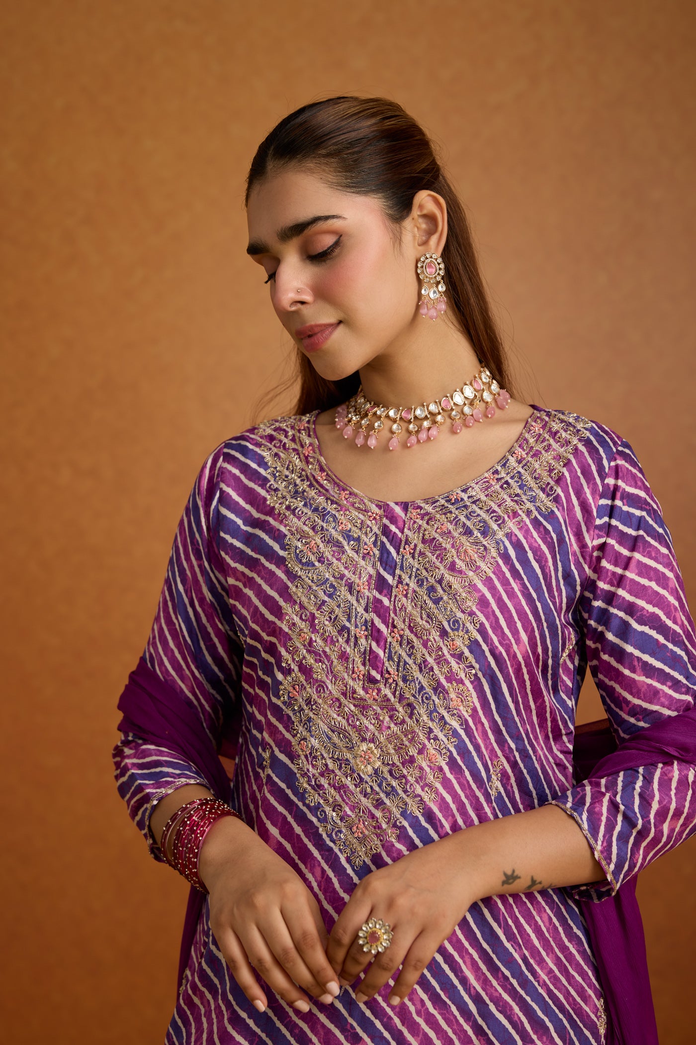 Noble Purple Embellished Crepe Silk Palazzo Set