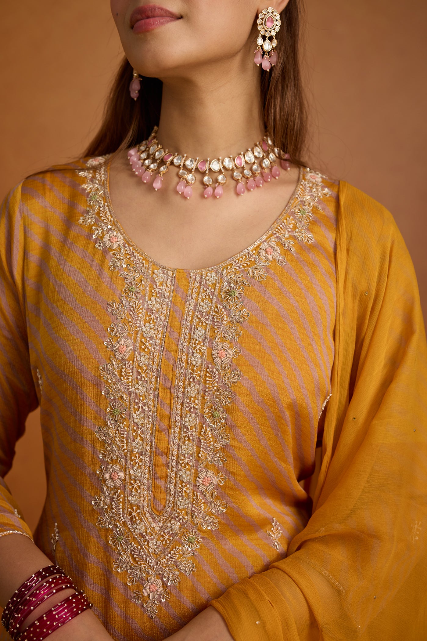 Muted Mustard Embellished Crepe Silk Palazzo Set