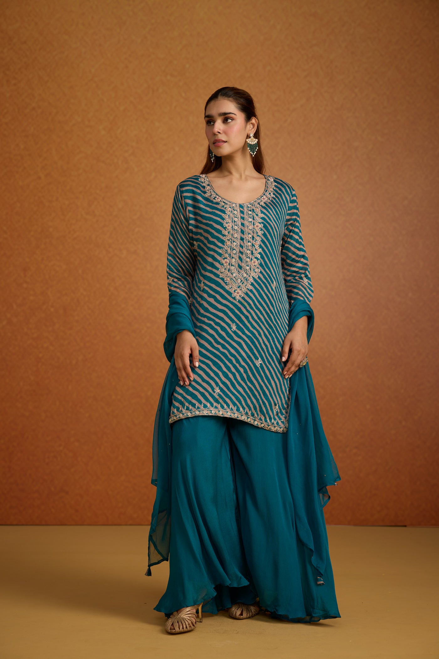 Teal Peacock Embellished Crepe Silk Palazzo Set