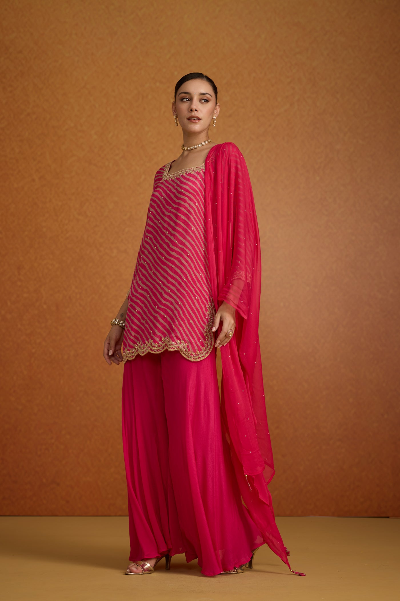 Magenta Pink Embellished Lehriya Chinon Silk Palazzo Set