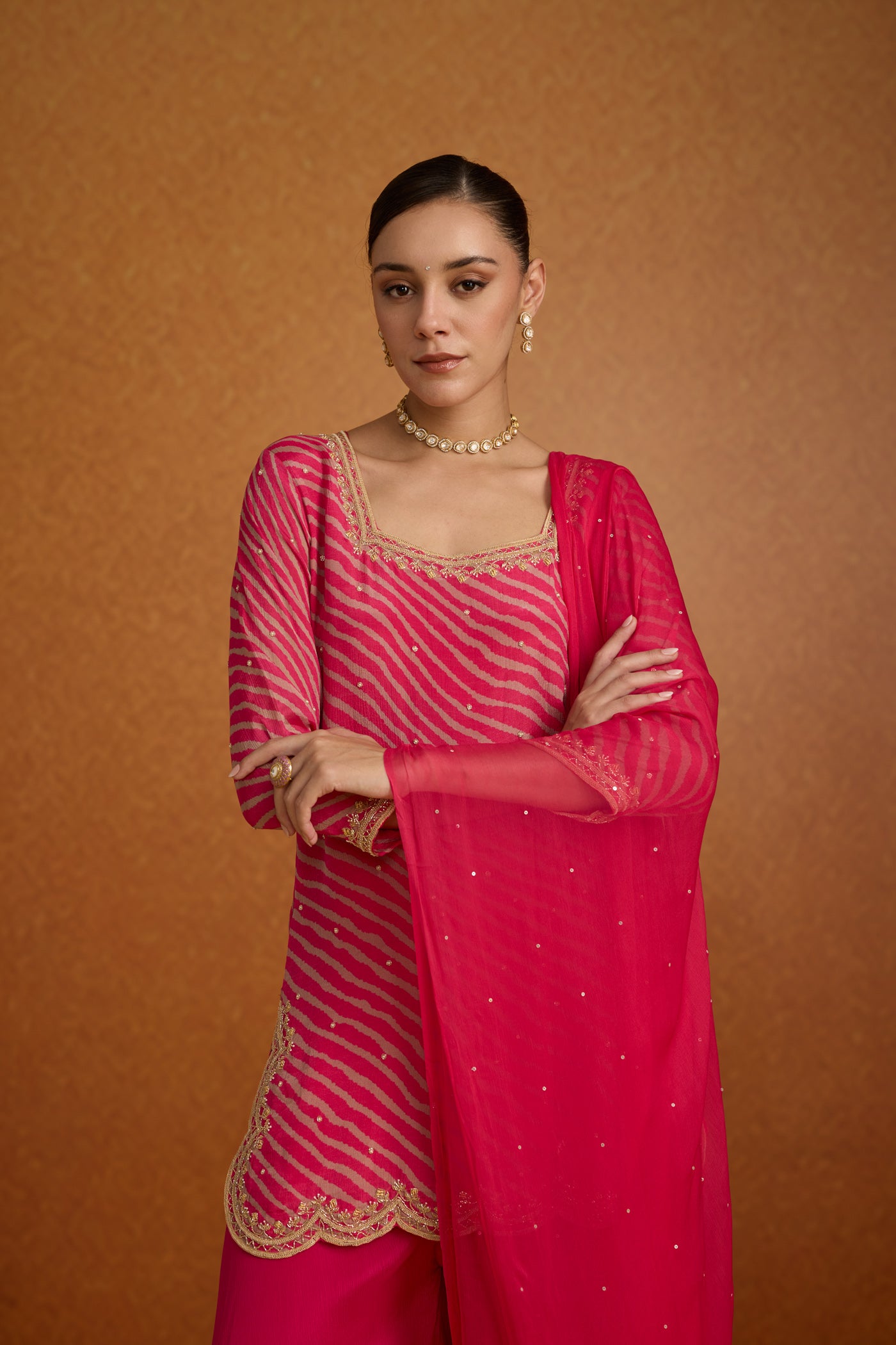 Magenta Pink Embellished Lehriya Chinon Silk Palazzo Set