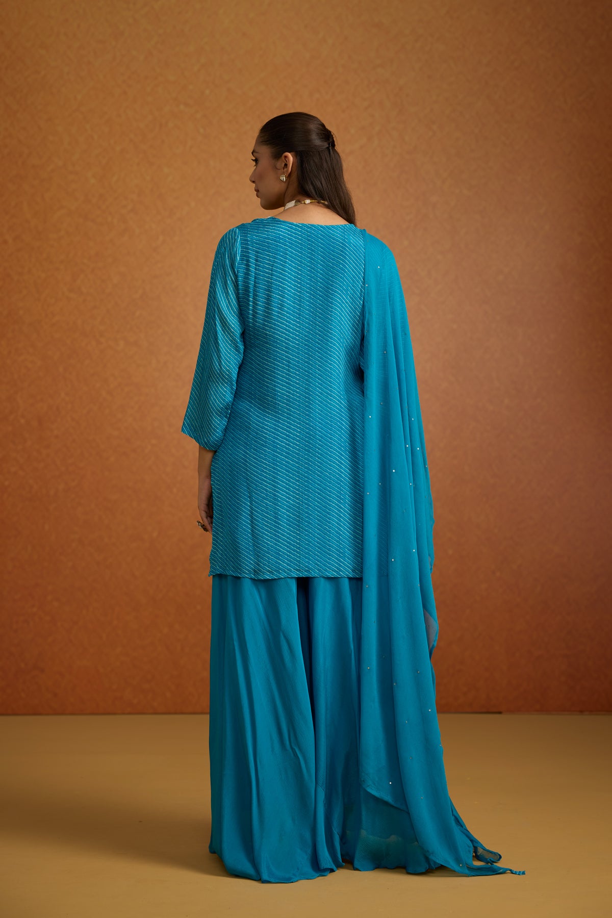 Teal Blue Embellished Leheriya Crepe Silk Palazzo Set