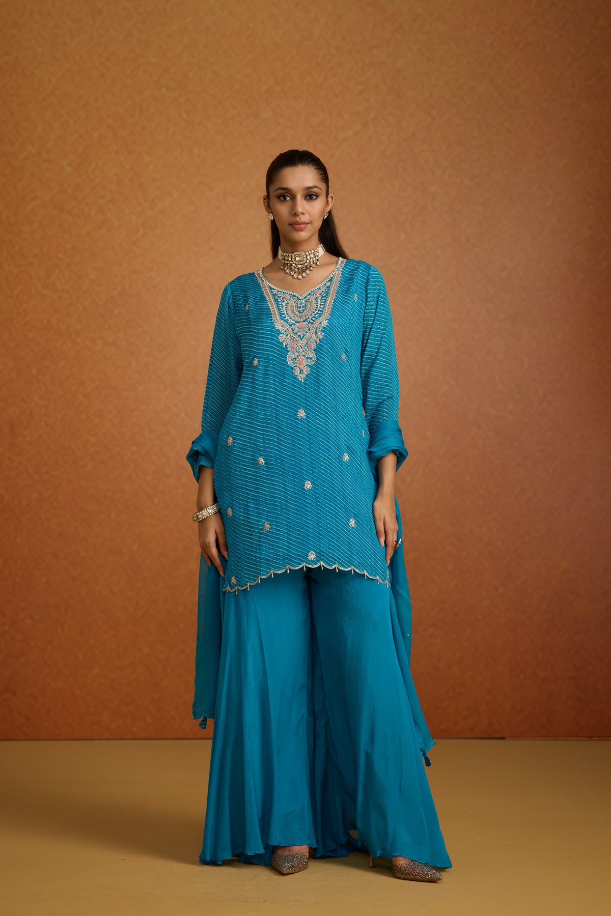 Teal Blue Embellished Leheriya Crepe Silk Palazzo Set