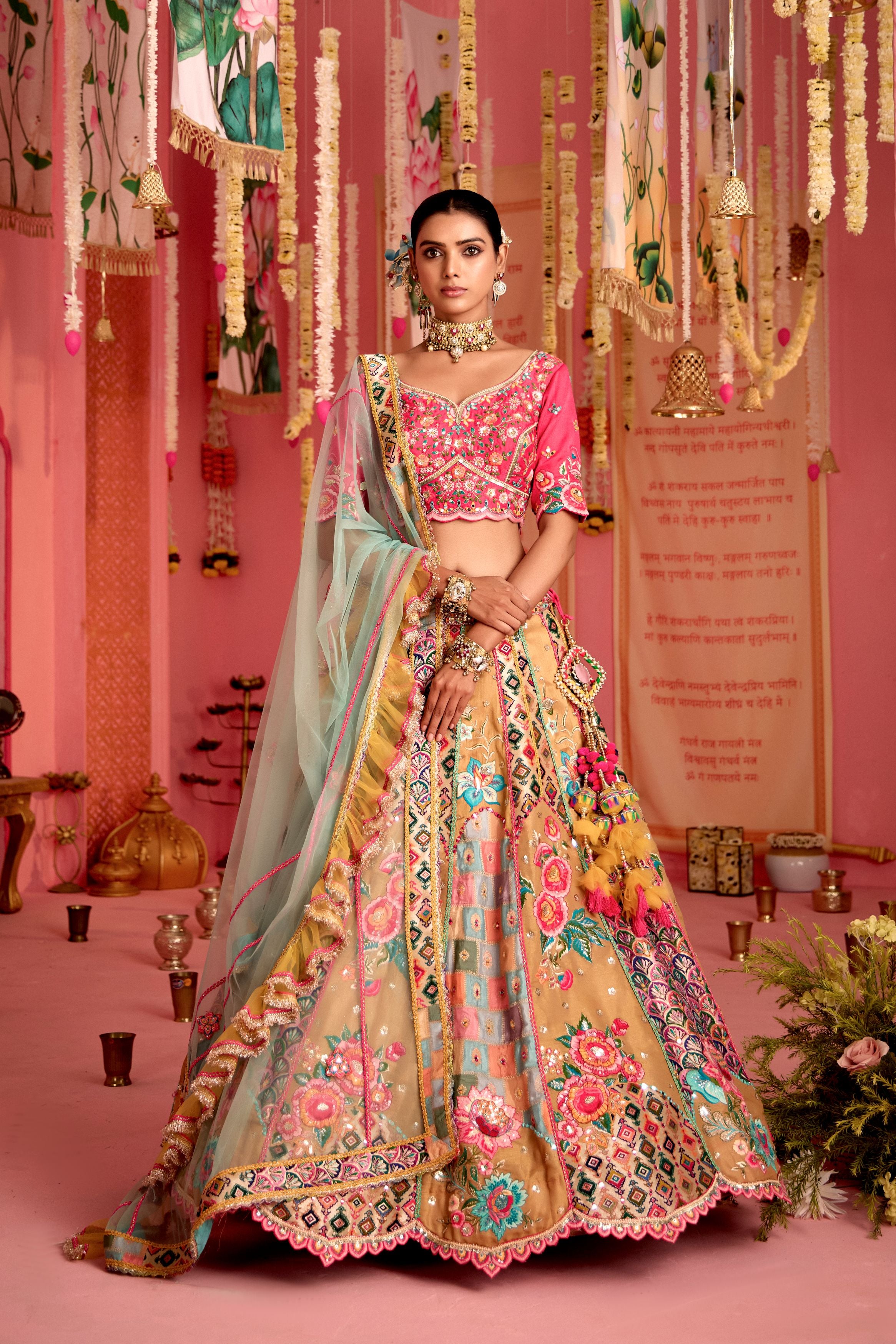 Multi Color Embellished Banarasi Silk Lehenga Set