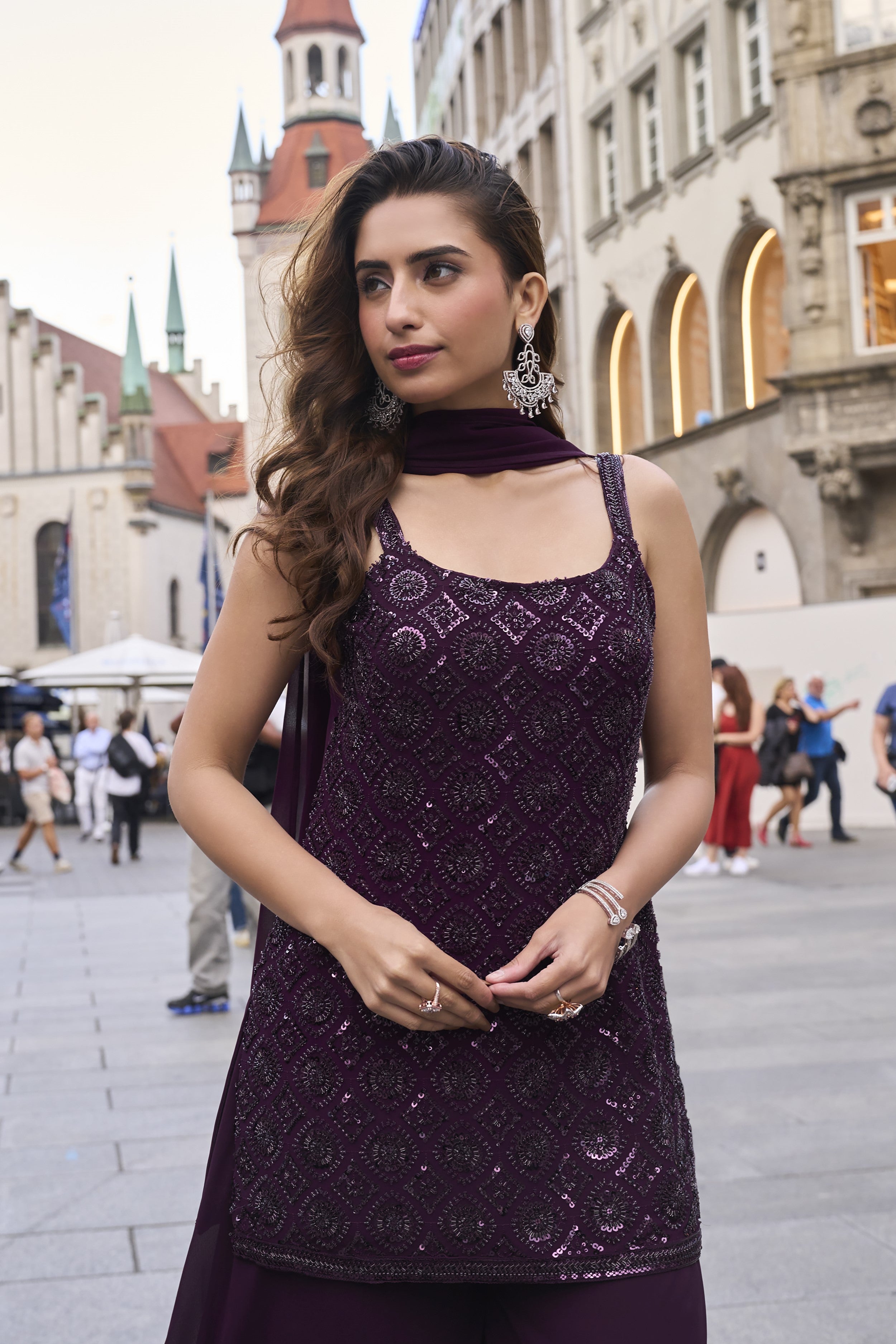 Wine Embellished Palazzo Set