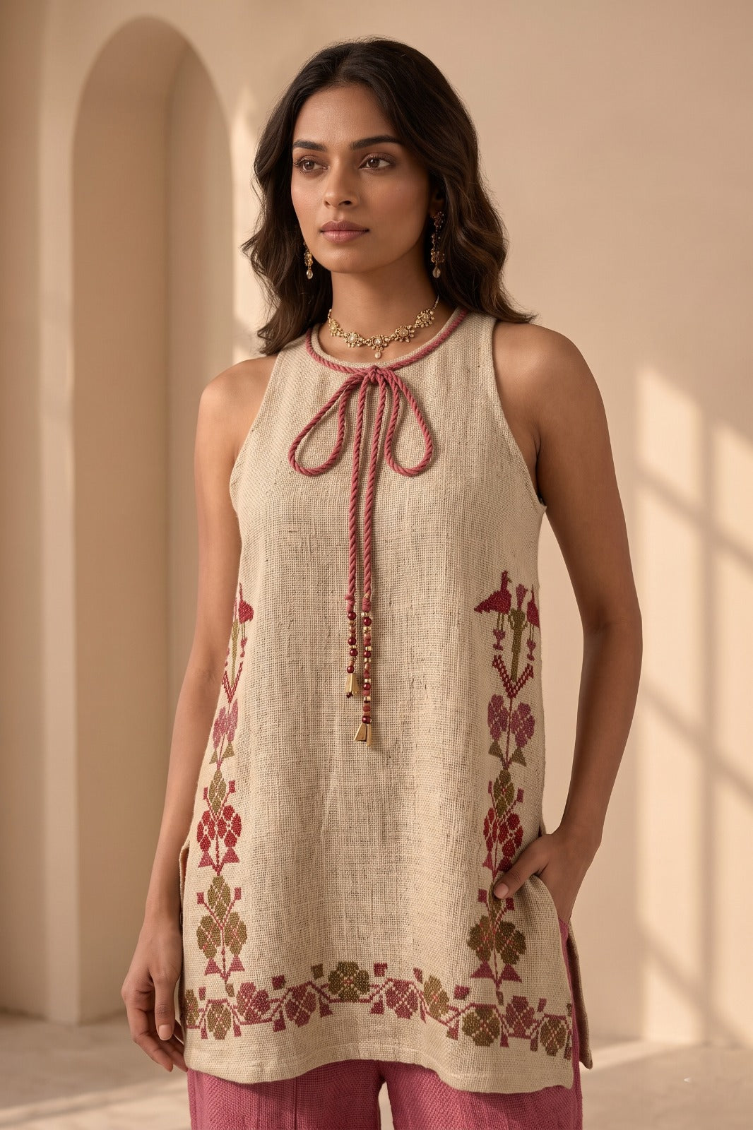 Rose Beige Woven Cotton Tweed Co-Ord Set