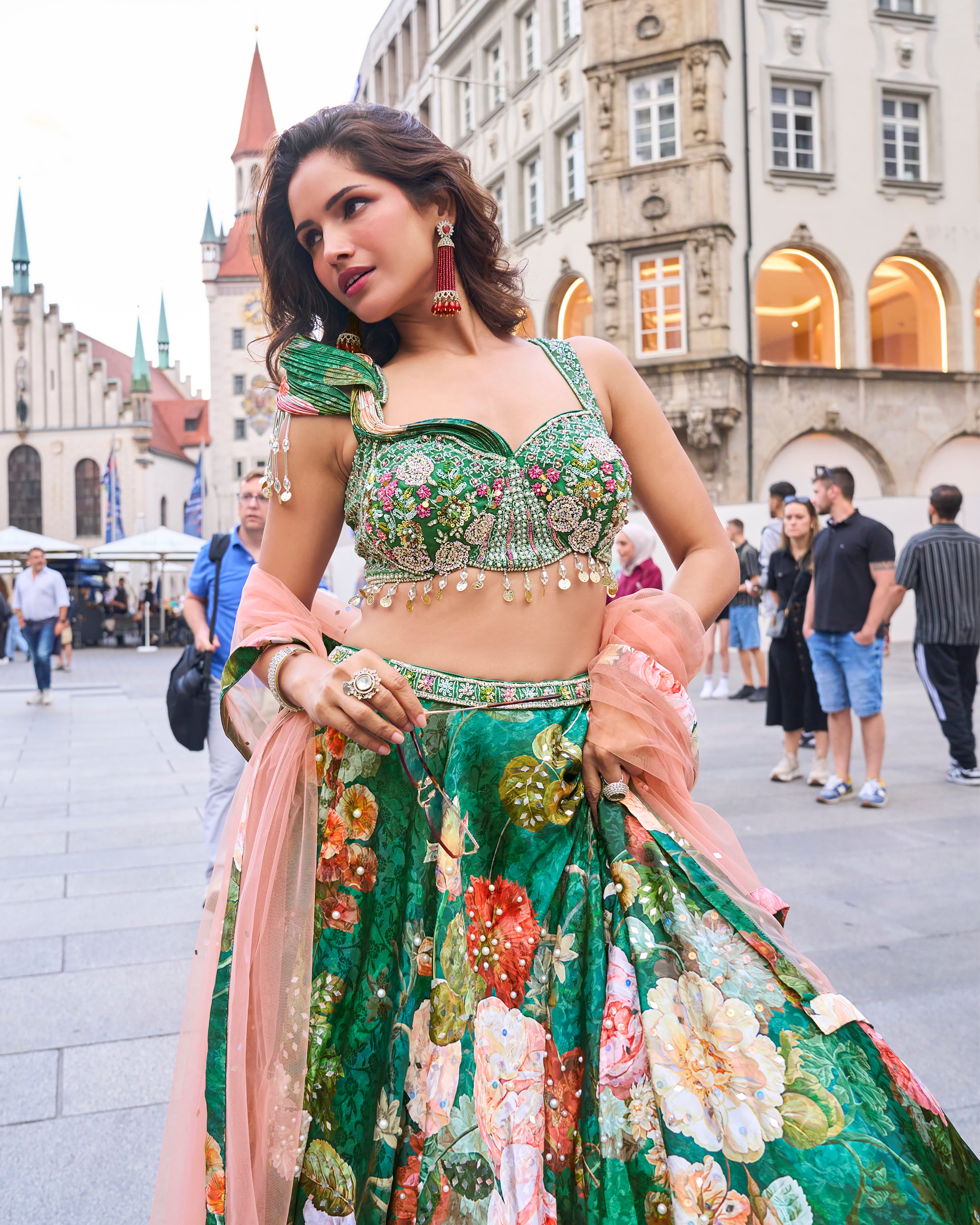 Emerald Green Embellished Satin Silk Lehenga Set