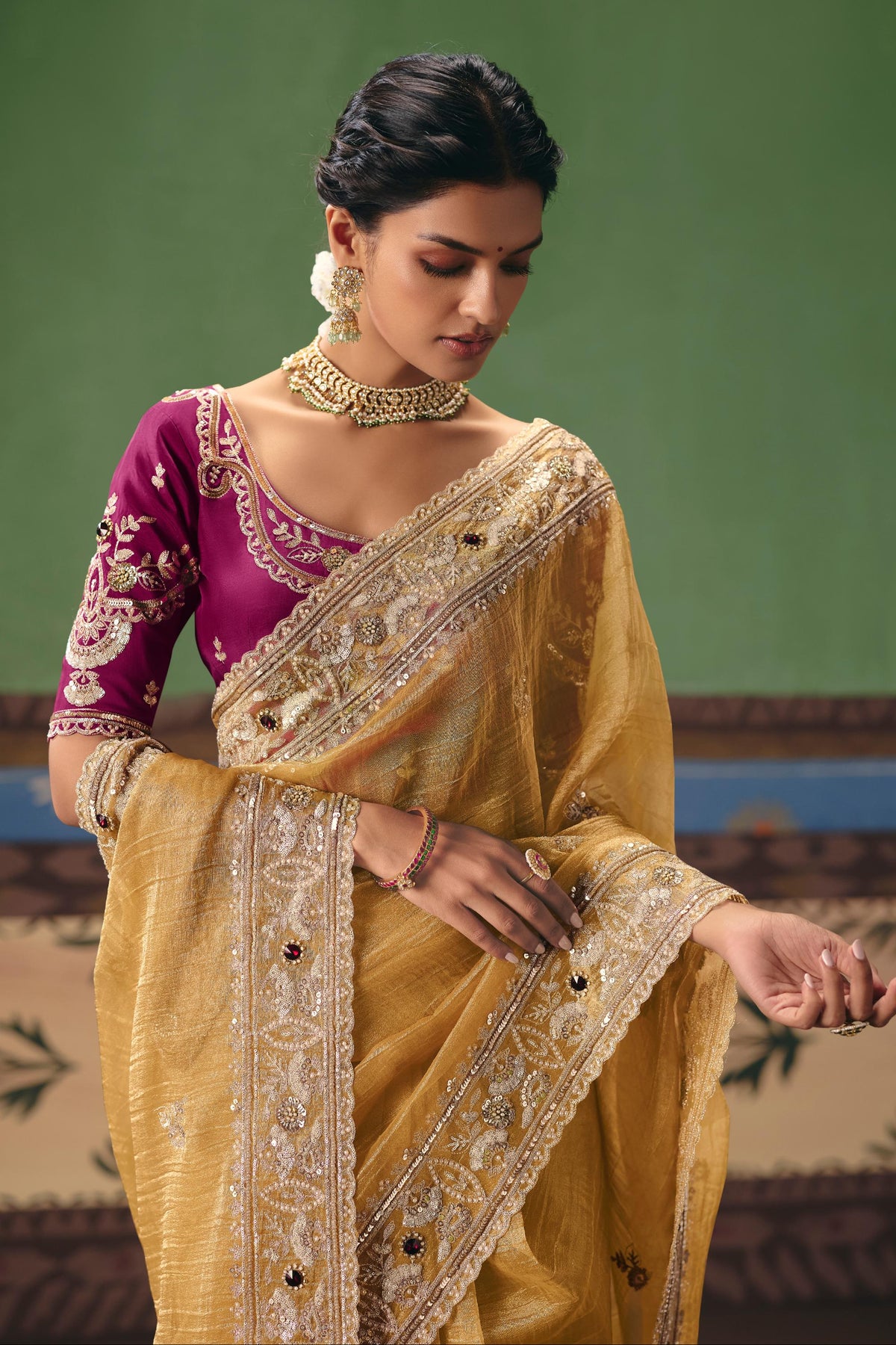 Mustard Ochre Embellished Tissue Organza Silk Saree