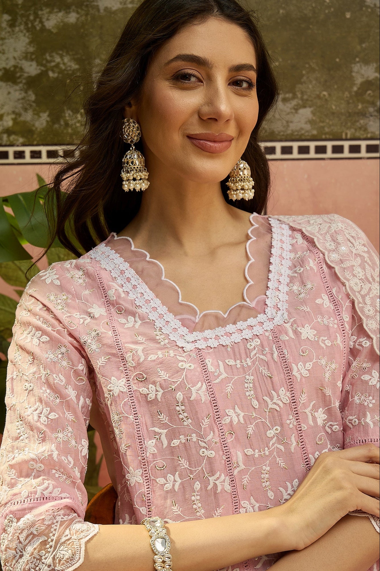 Soft Pink Embroidered Mul Chanderi Silk Pant Set