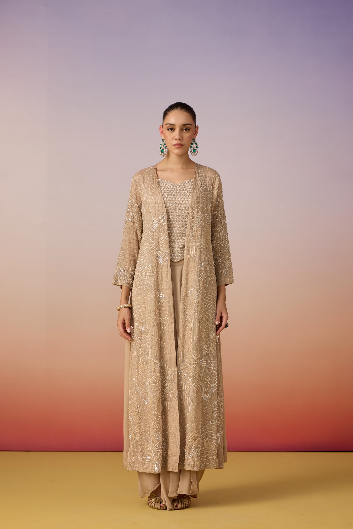 Sand Beige Embellished Chinon Silk Skirt Set