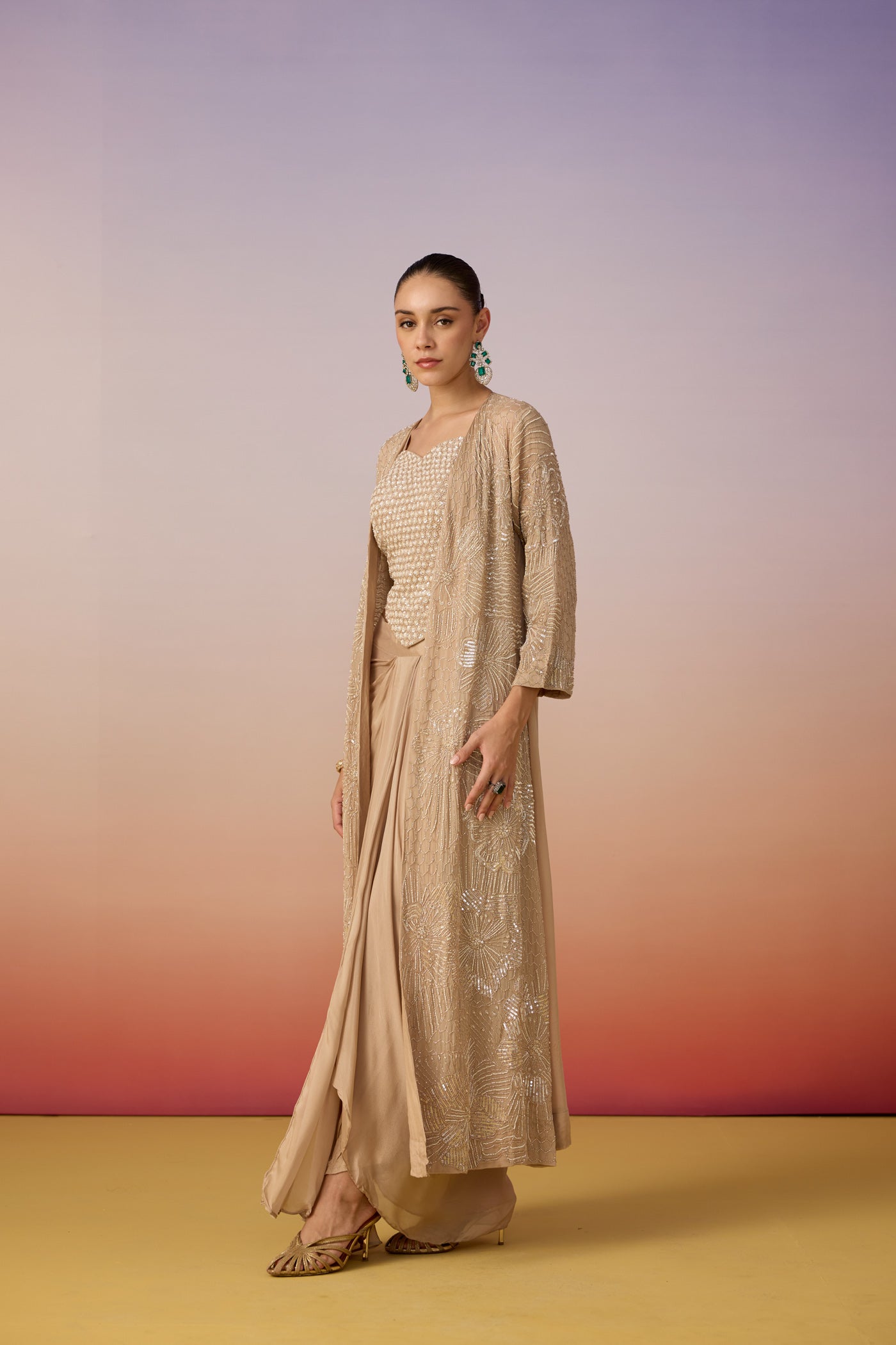 Sand Beige Embellished Chinon Silk Skirt Set