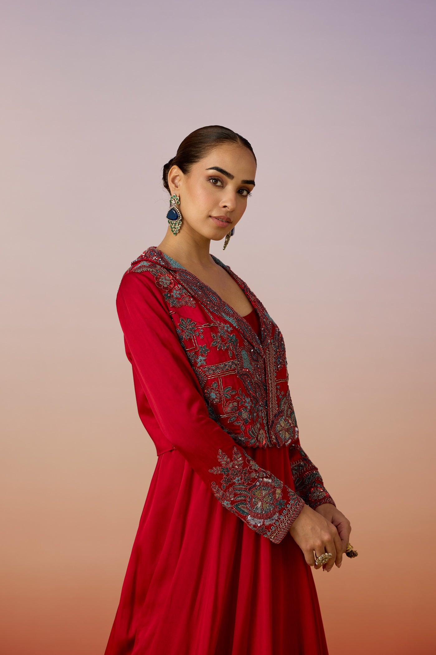 Crimson Red Embellished Satin Silk Anarkali Set