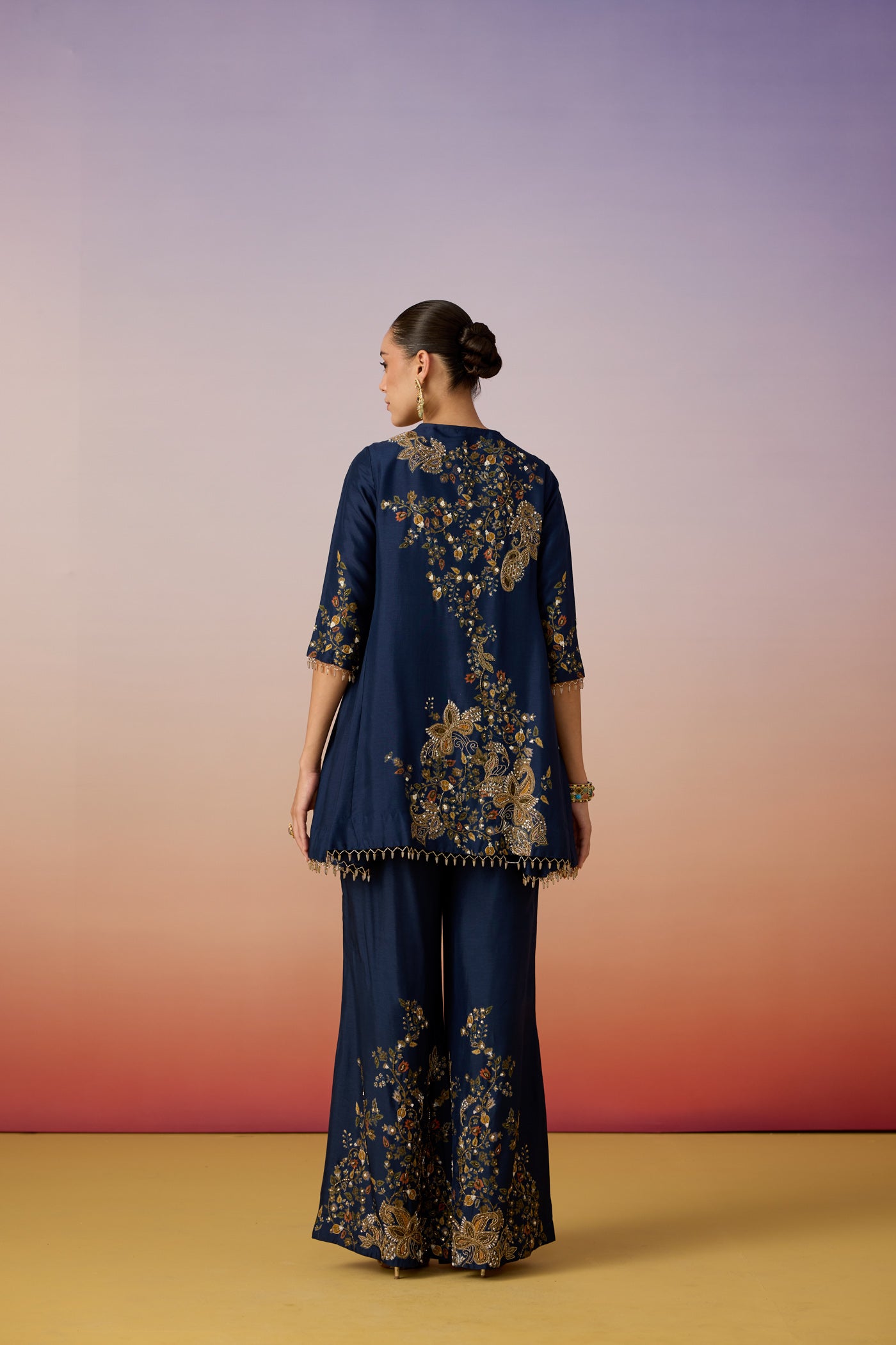Midnight Navy Embellished Dola Silk Palazzo Set