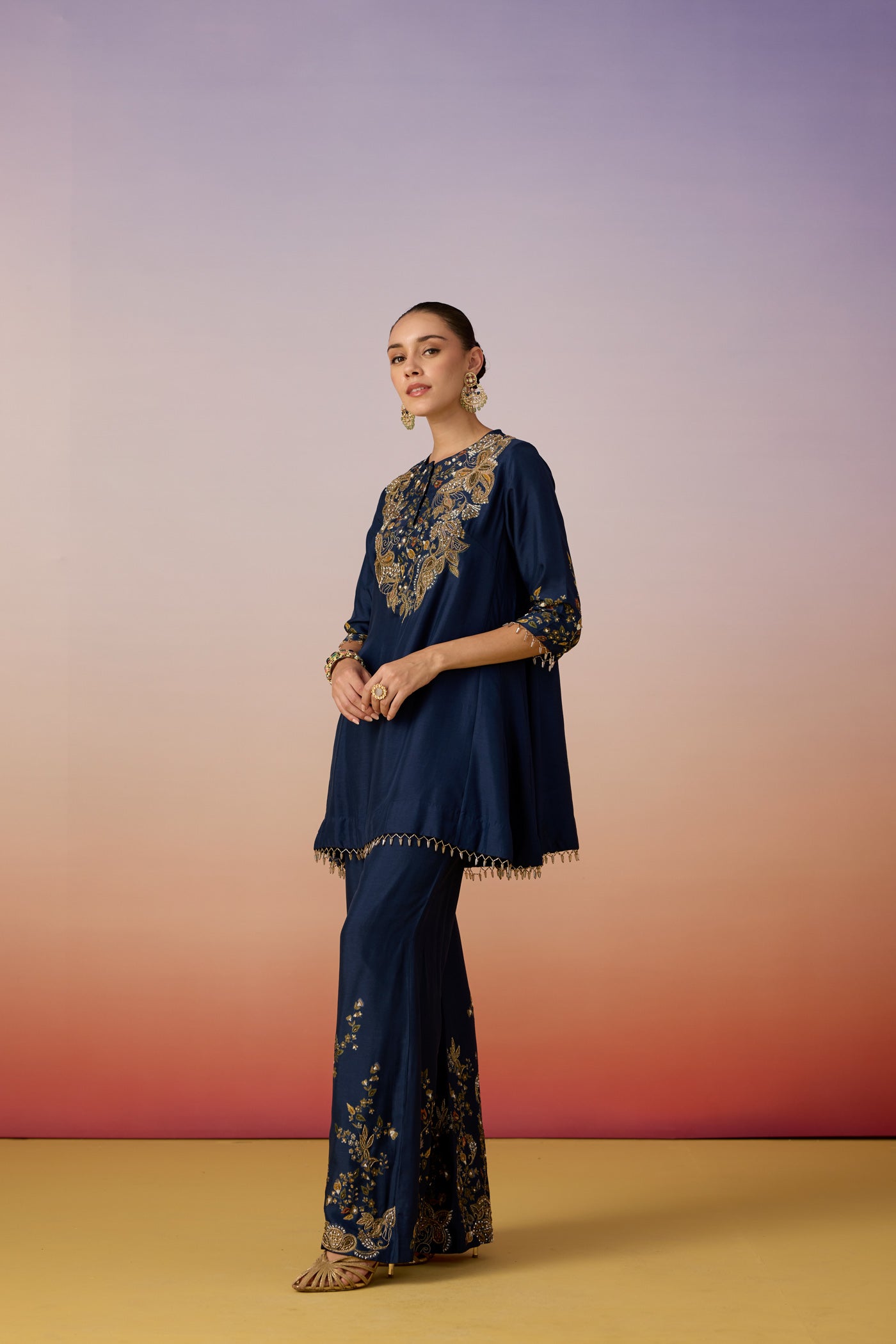 Midnight Navy Embellished Dola Silk Palazzo Set