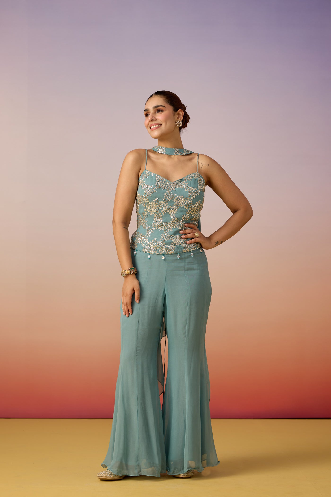Dusty Aqua Embellished Georgette Silk Palazzo Set