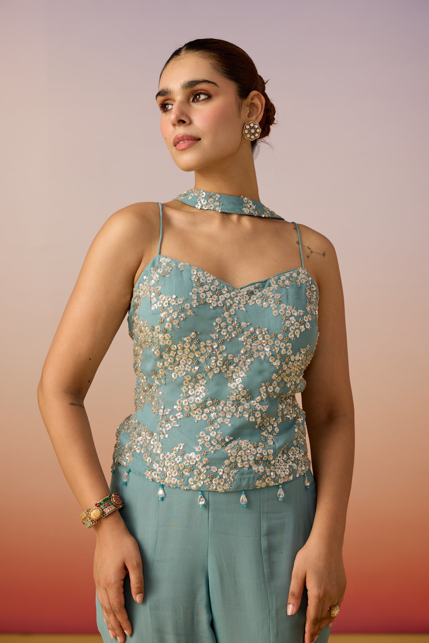 Dusty Aqua Embellished Georgette Silk Palazzo Set