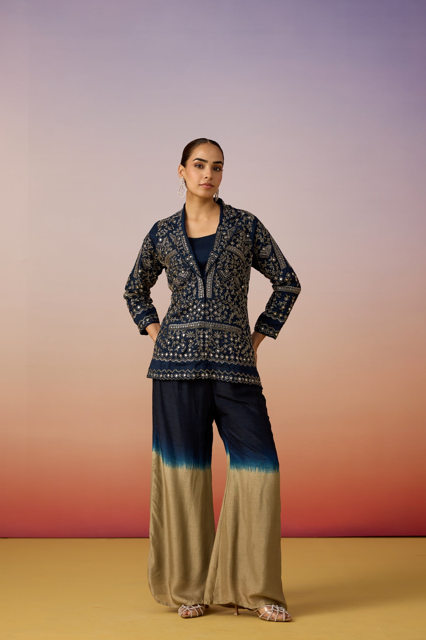 Navy Blue Embellished Dola Silk Jacket Palazzo Set