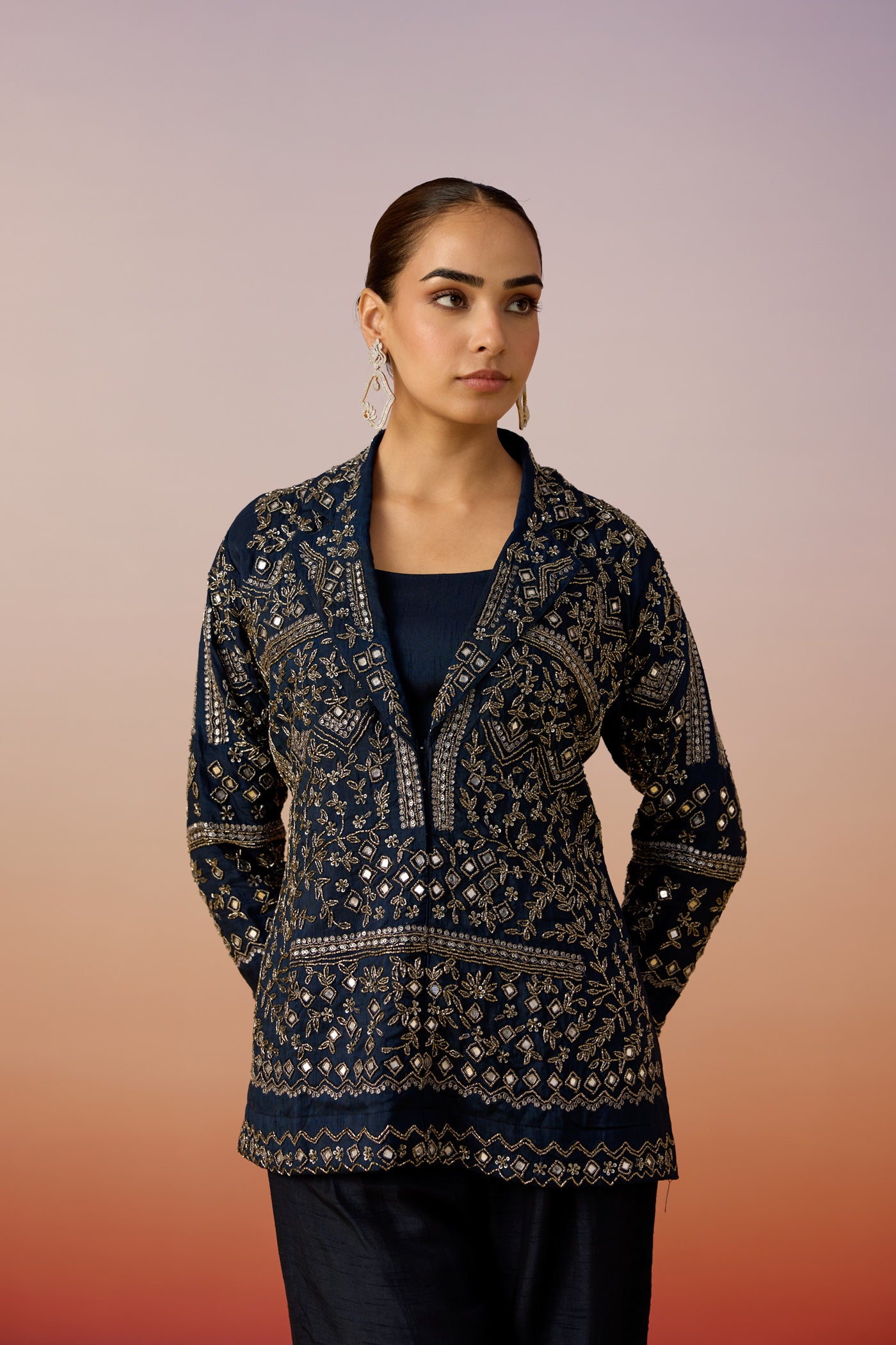 Navy Blue Embellished Dola Silk Jacket Palazzo Set