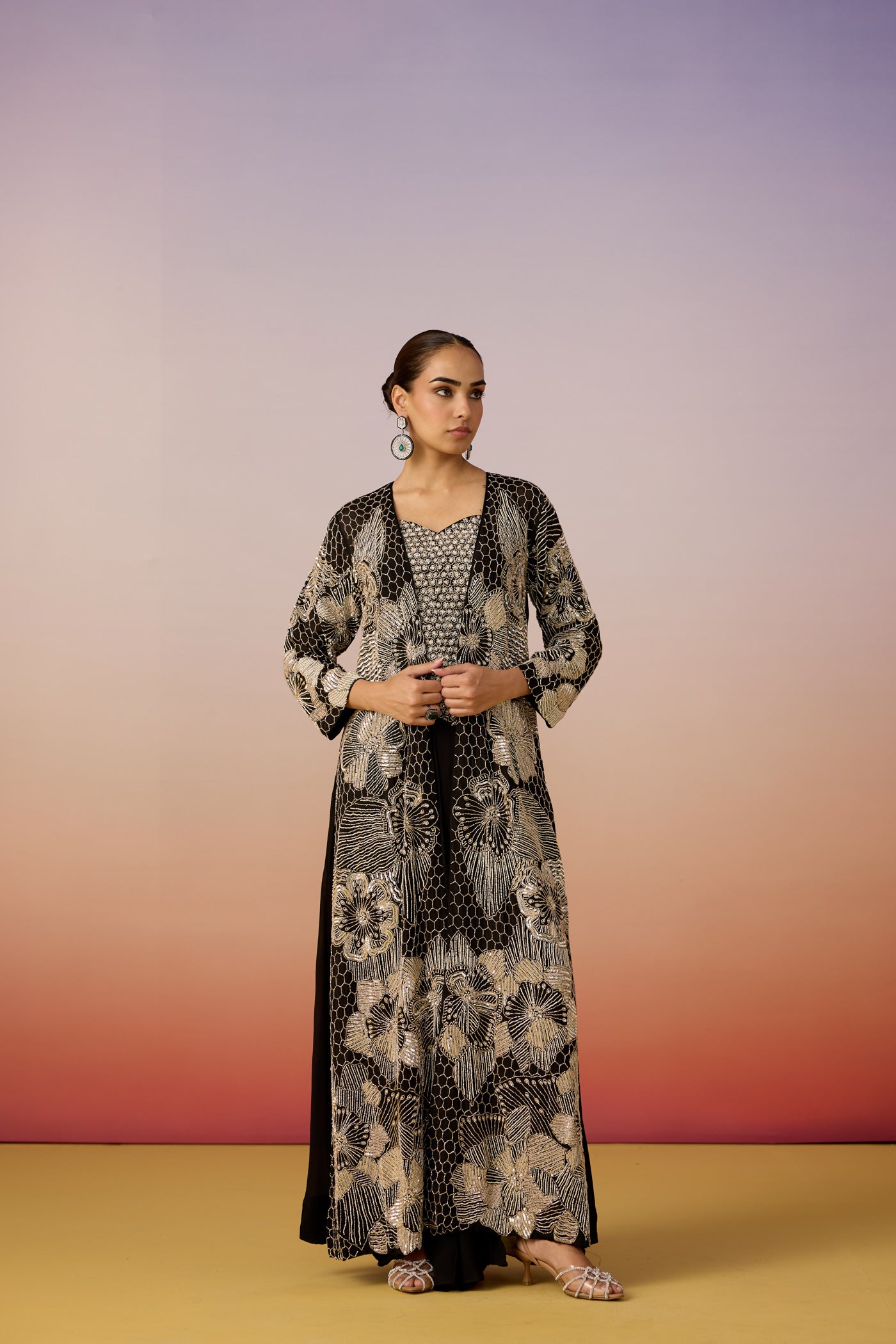 Classic Deep Black Embellished Chinon Silk Skirt Set