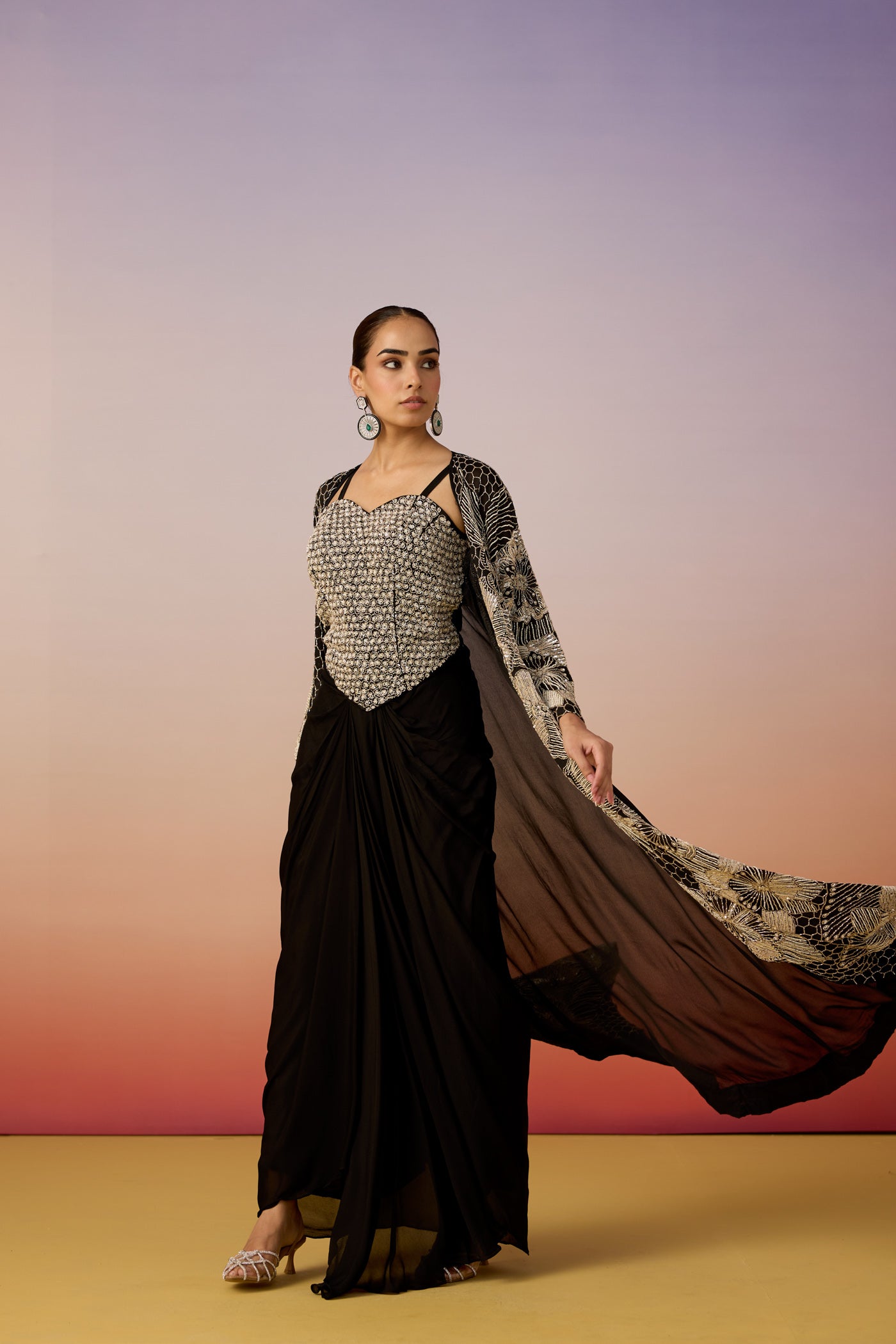Classic Deep Black Embellished Chinon Silk Skirt Set