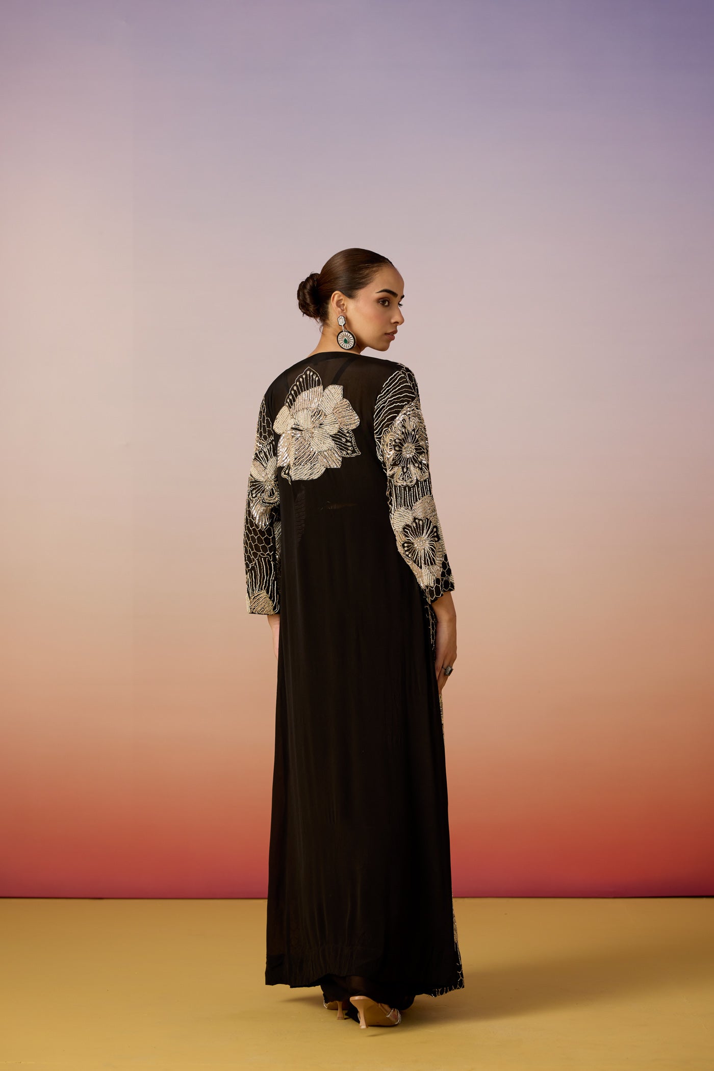Classic Deep Black Embellished Chinon Silk Skirt Set
