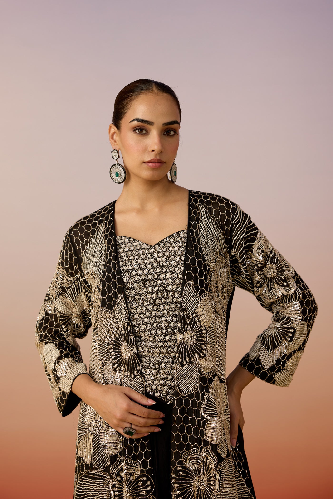 Classic Deep Black Embellished Chinon Silk Skirt Set