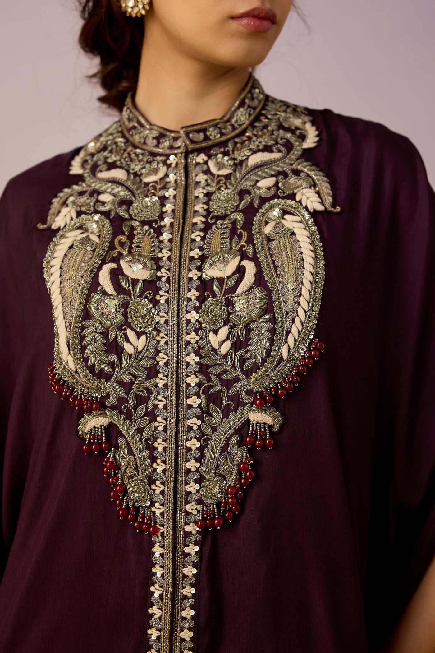 Royal Mulberry Embellished Crepe Silk Kaftan Set