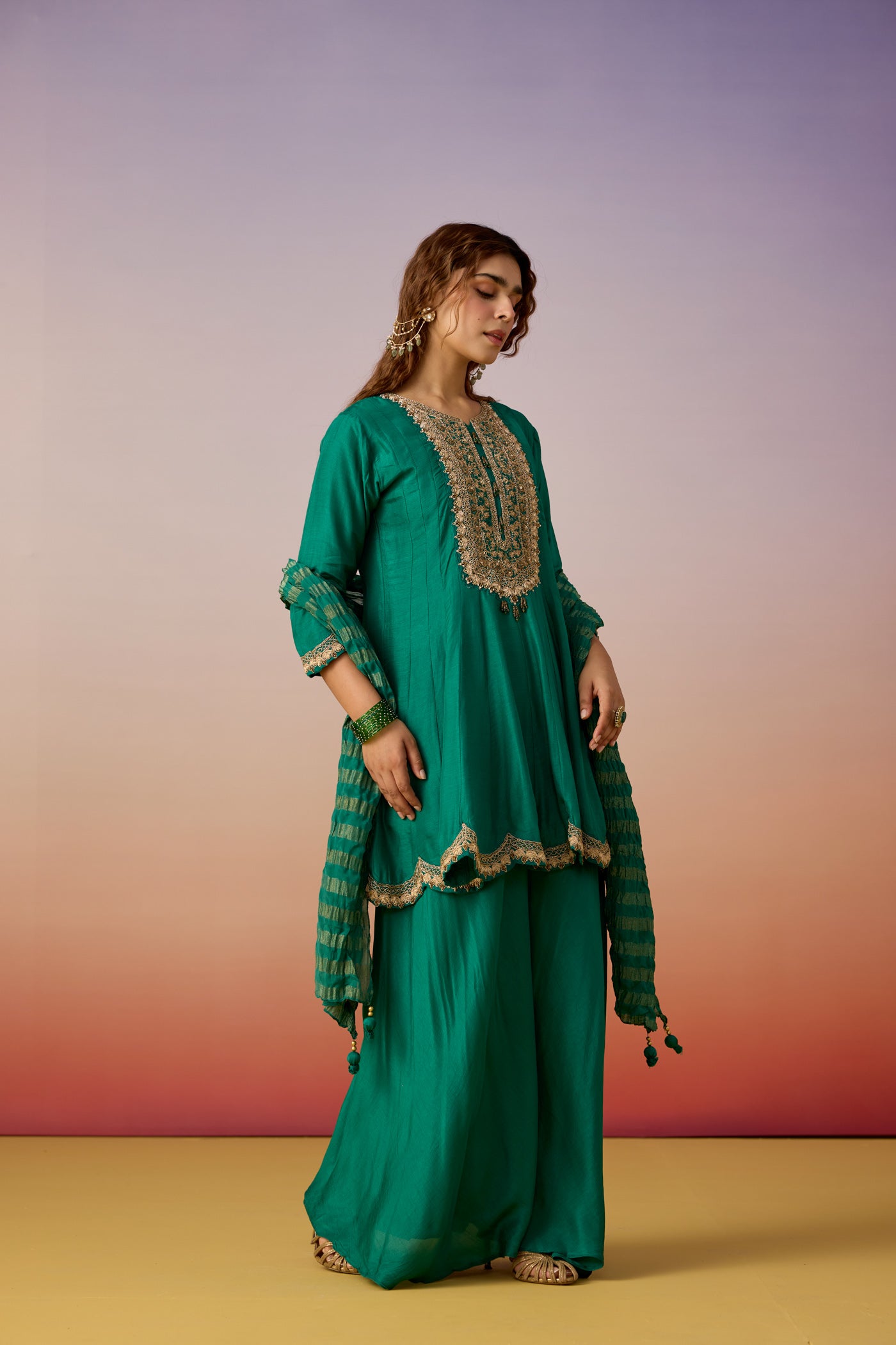Emerald Grace Embellished Premium Silk Palazzo Set