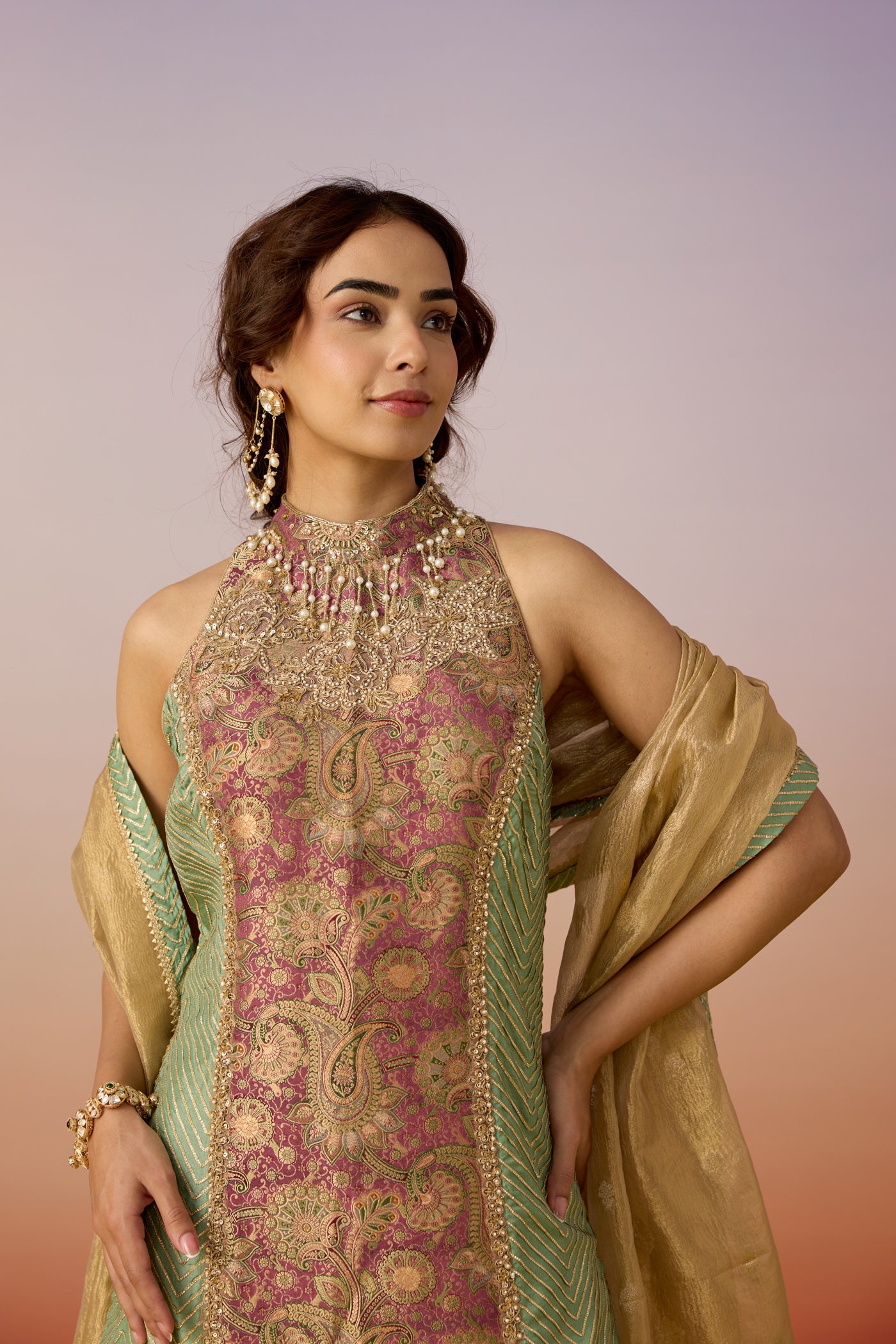 Mauve Mint Embellished Premium Silk Pant Set