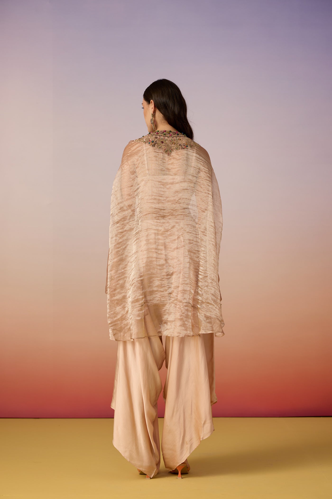 Peach Beige Embellished Shimmer Tissue Silk Co-Ord Set