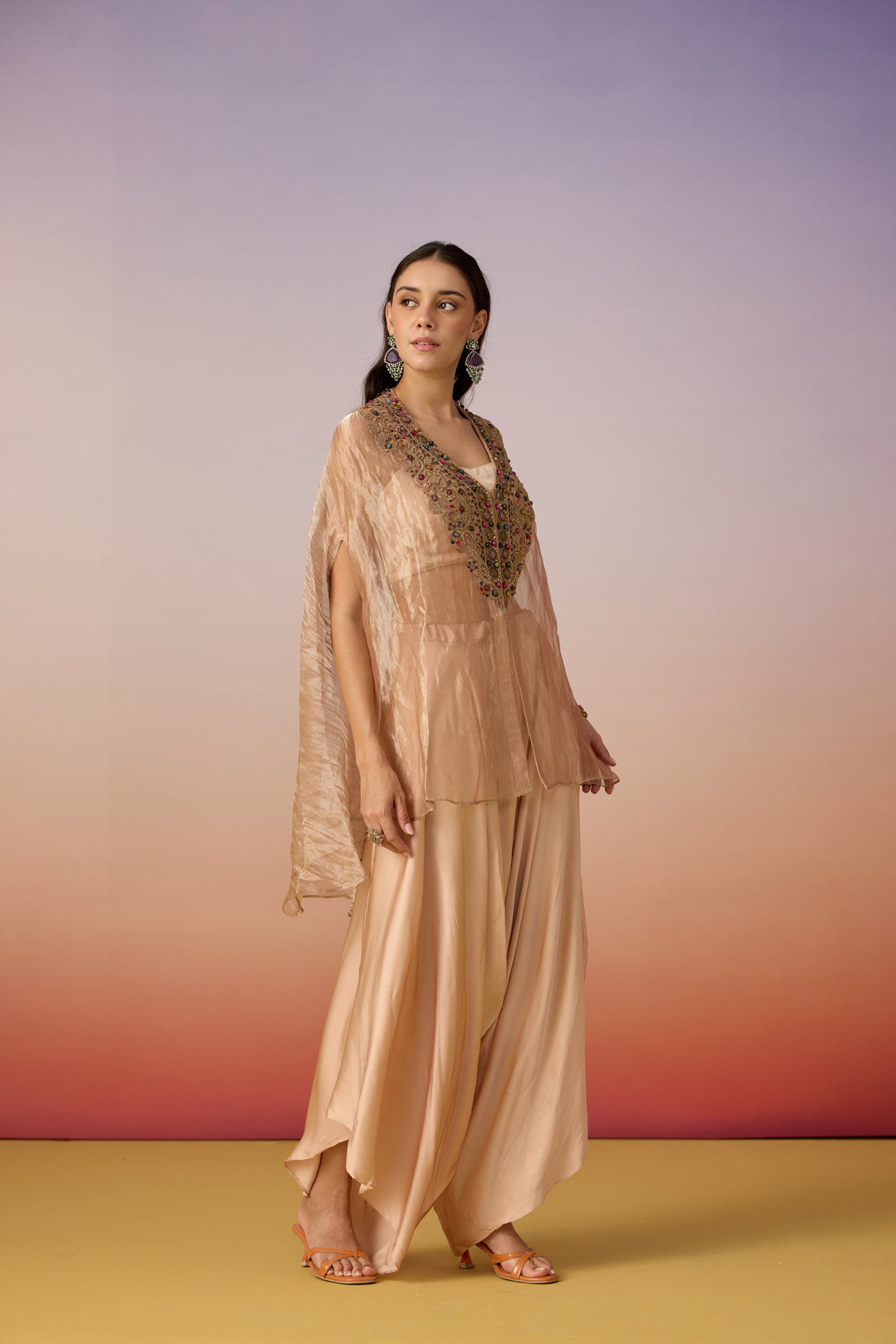 Peach Beige Embellished Shimmer Tissue Silk Co-Ord Set