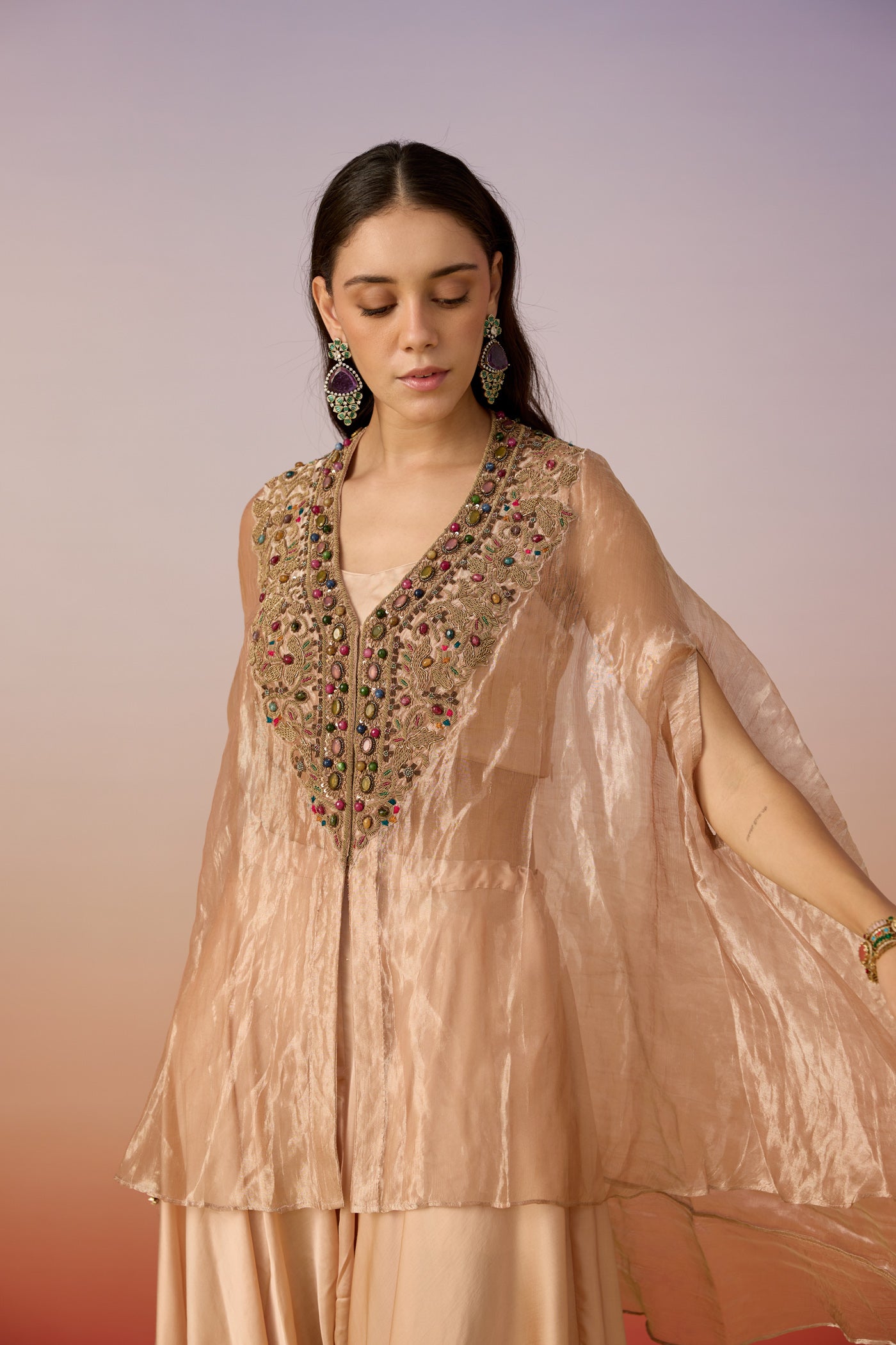 Peach Beige Embellished Shimmer Tissue Silk Co-Ord Set